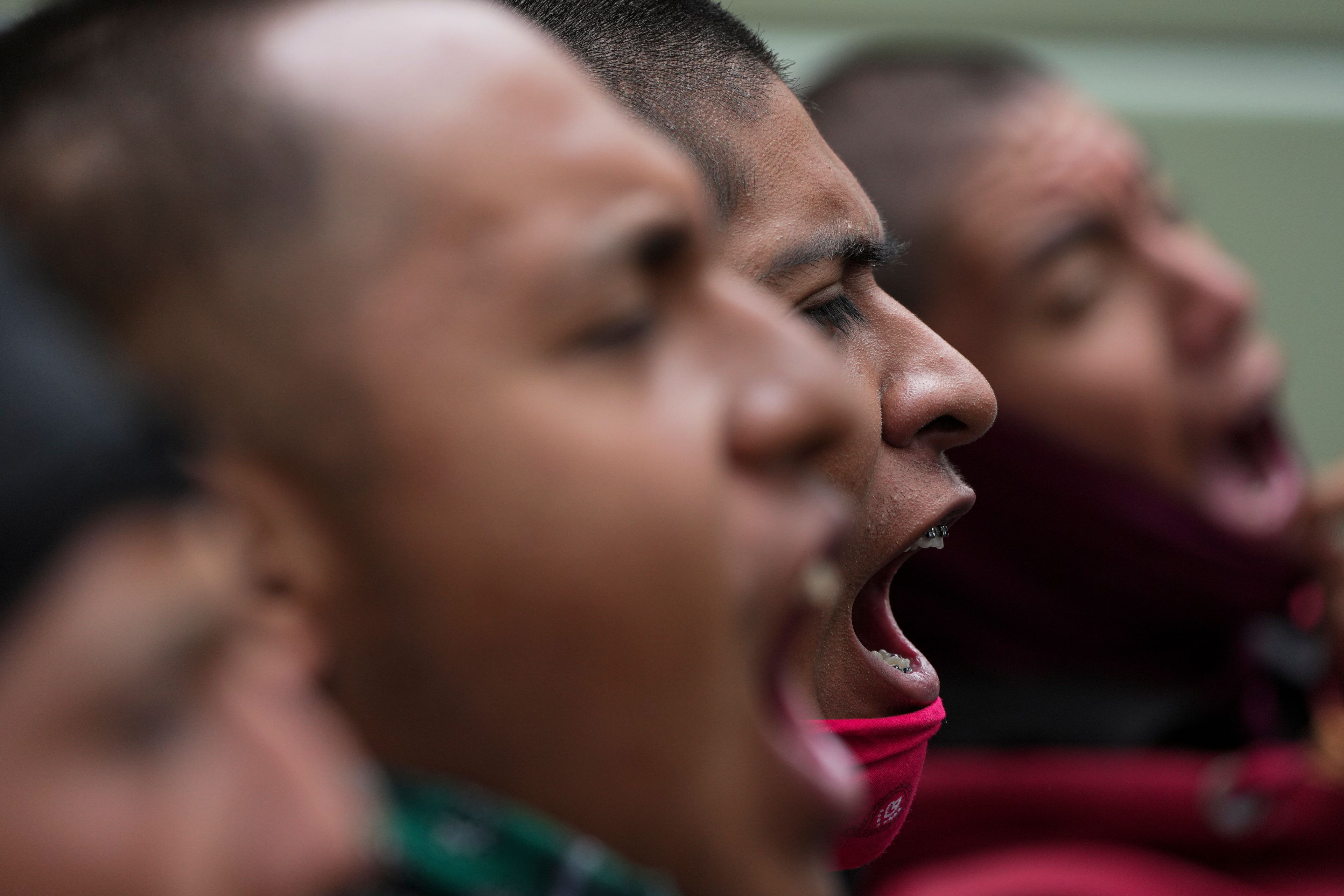 Students demonstrate ahead of the 10th anniversary of the disappearance of 43 Ayotzinapa students in Guerrero state, outside of the Senate in Mexico City, Tuesday, Sept. 24, 2024. (AP Photo/Fernando Llano)