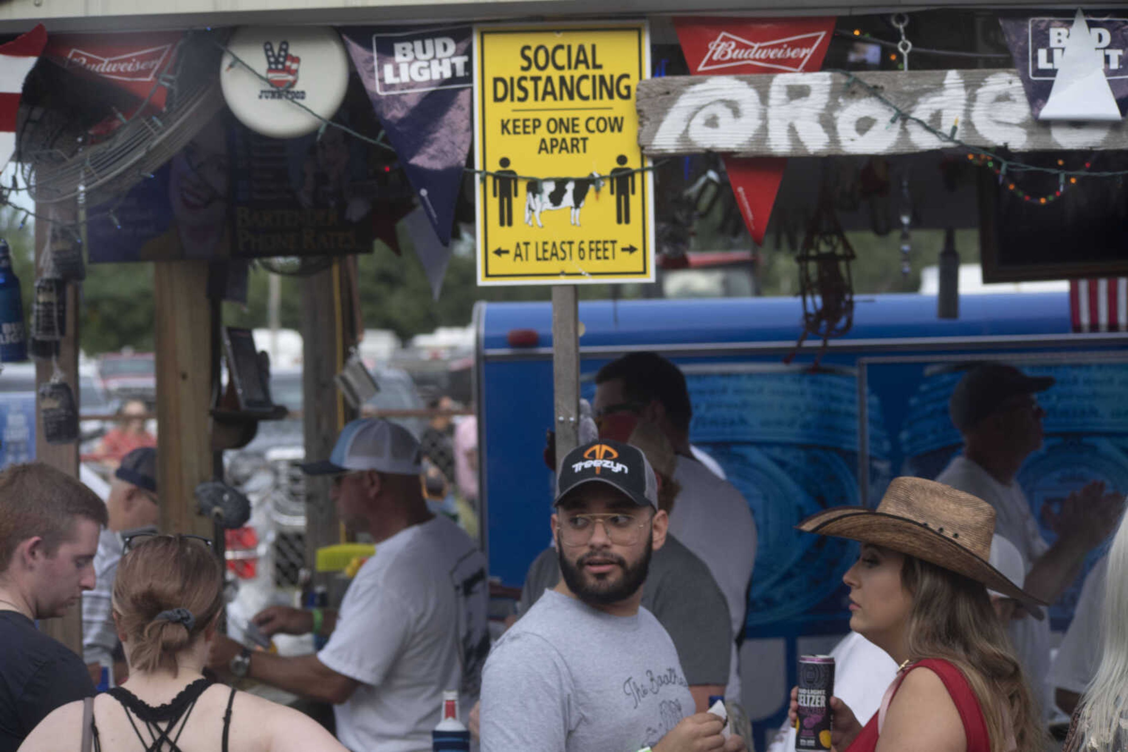 &nbsp;A rodeo-themed social distancing reminder is seen during the third night of the Sikeston Jaycee Bootheel Rodeo Friday, Aug. 13, 2021,&nbsp;&nbsp;in Sikeston, Missouri.