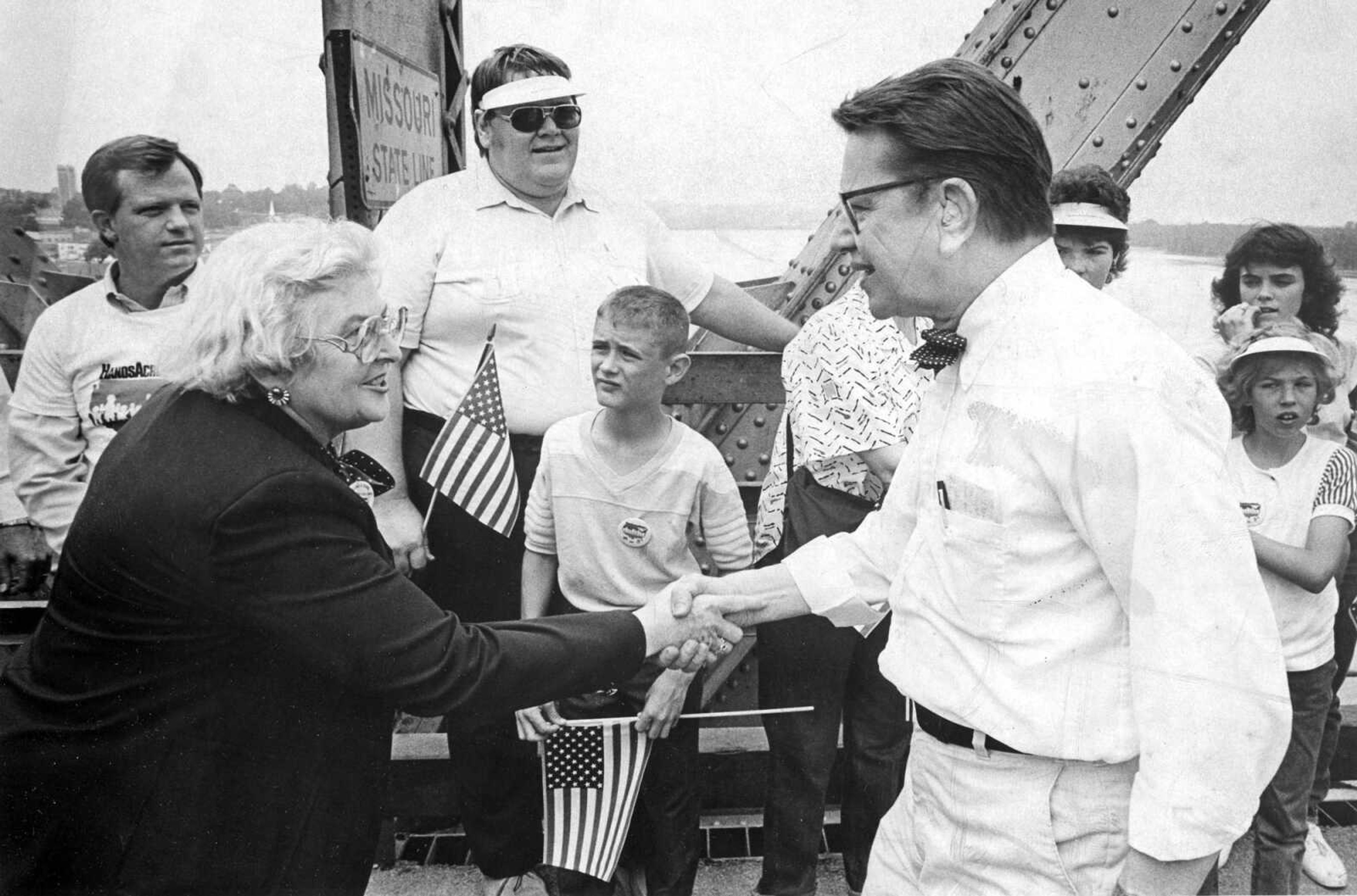 Taken May 25, 1986, by the Bulletin-Journal, but not published.
Missouri Rep. Mary Kasten and Illinois Senator Paul Simon met at the state line on the Mississippi River traffic bridge on May 25, 1986, as they joined millions of people participating in Hands Across America. (Southeast Missourian archive)