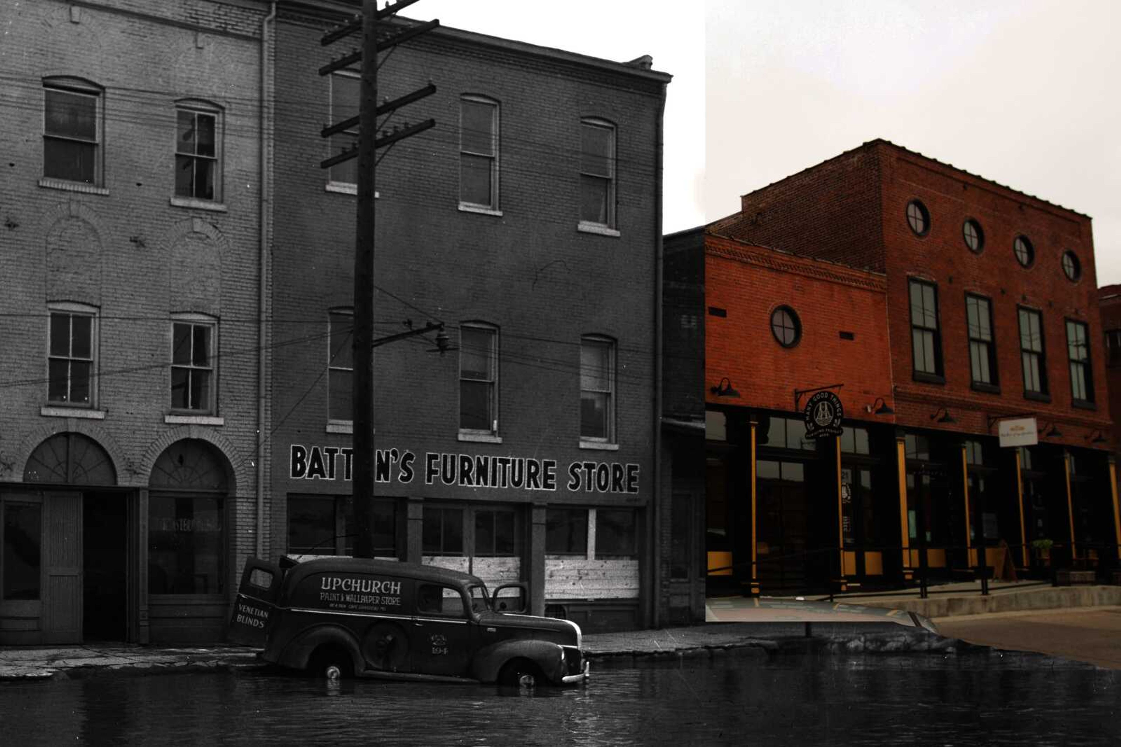 Past photos show how the property at 121-127 used to get flooded before the river wall was built. The buildings used to house the Dempsey commission house and grocery store, and now serve as the location of Bon Bon's, Le Lounge and Many Good Things. (Right photo by Jasmine Jones,left photo Southeast Missourian arcive)