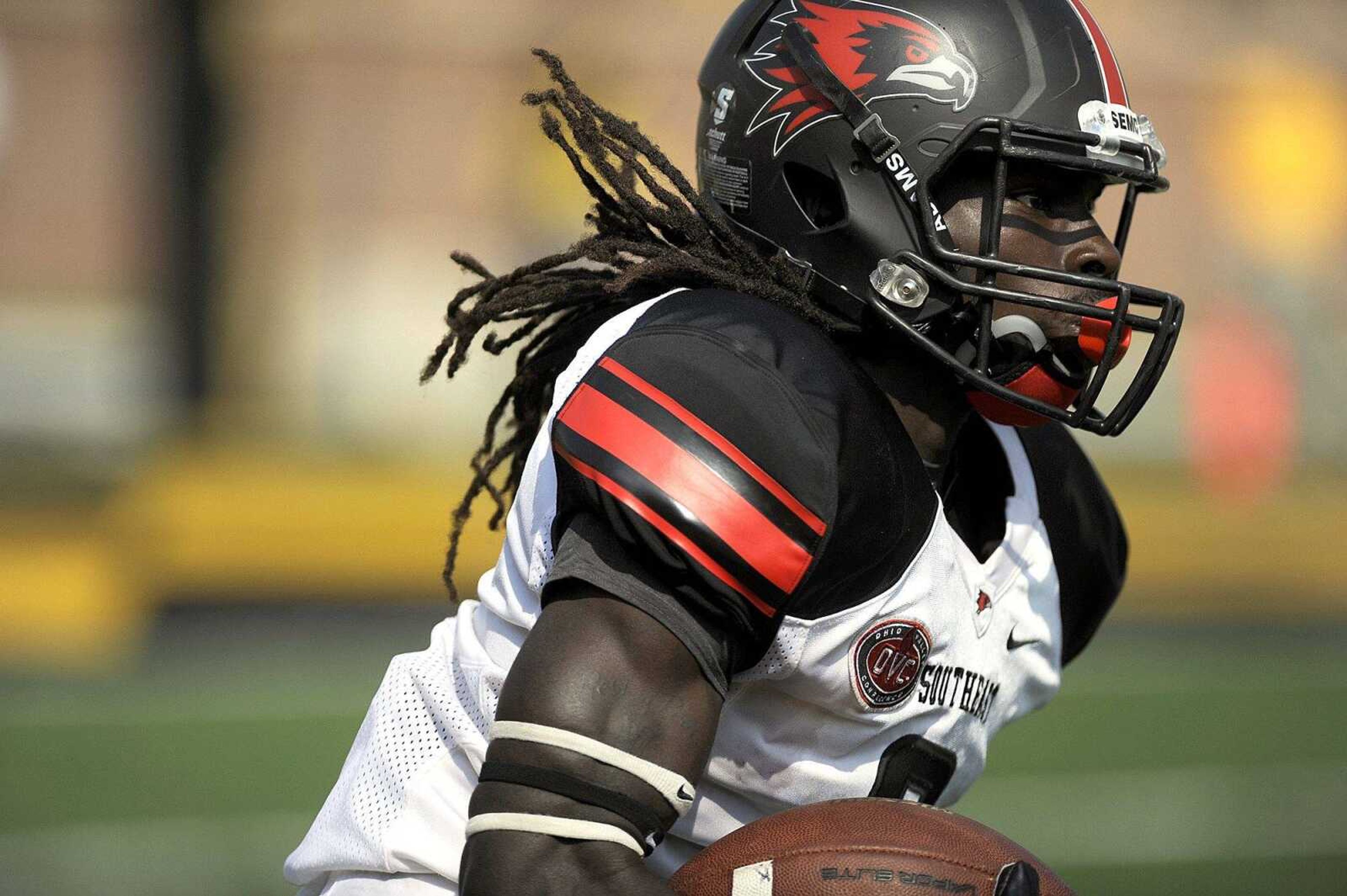 Southeast Missouri State's Tremane McCullough runs the ball against Mizzou in the first quarter, Saturday, Sept. 5, 2015, at Faurot Field in Columbia, Missouri. Mizzou defeated Southeast 34-3. (Laura Simon)