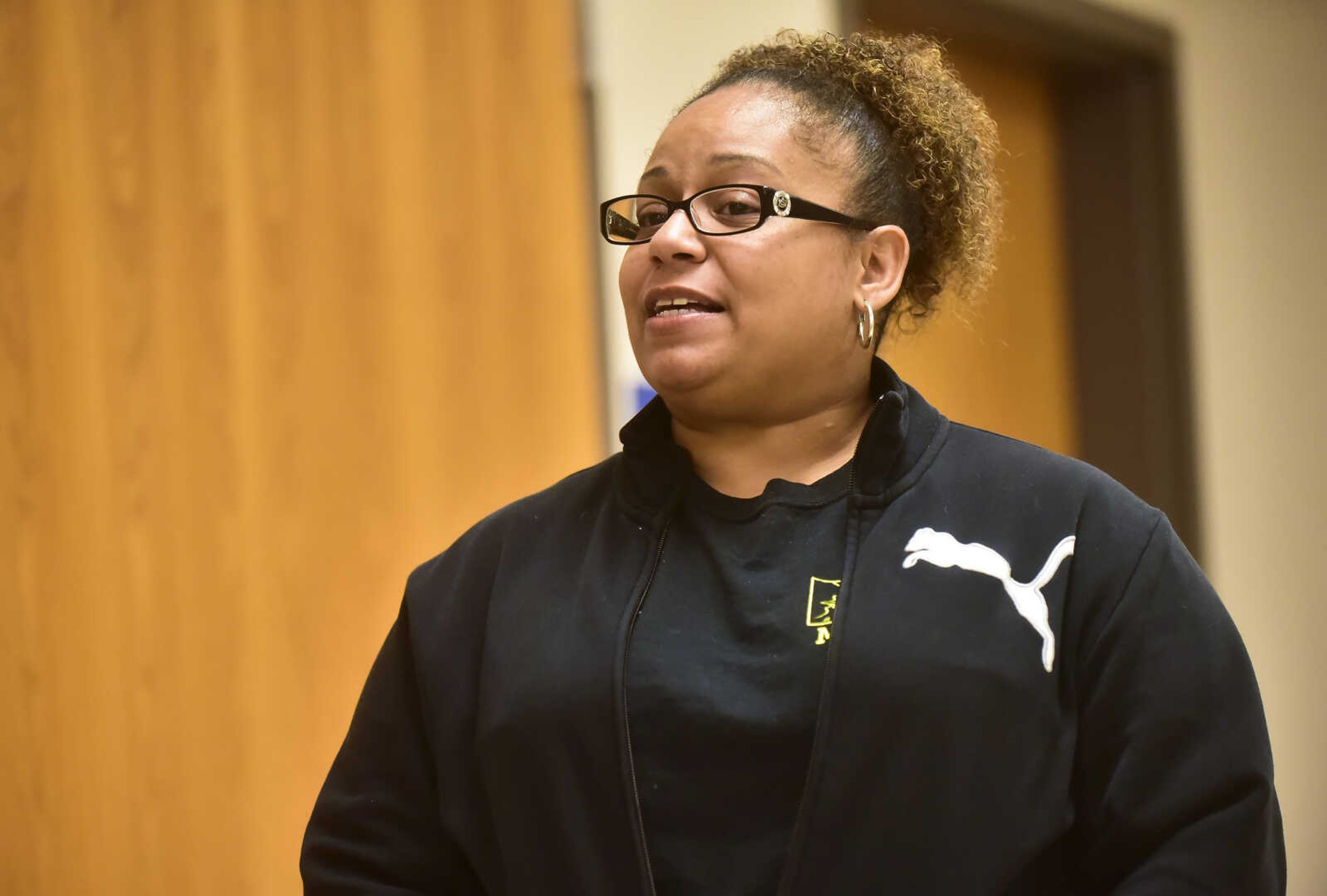 Koreena Woodson speaks during a community workshop meeting held by the Authentic Voices group of south Cape Thursday, Oct. 26, 2017 at the Shawnee Park Center in Cape Girardeau.