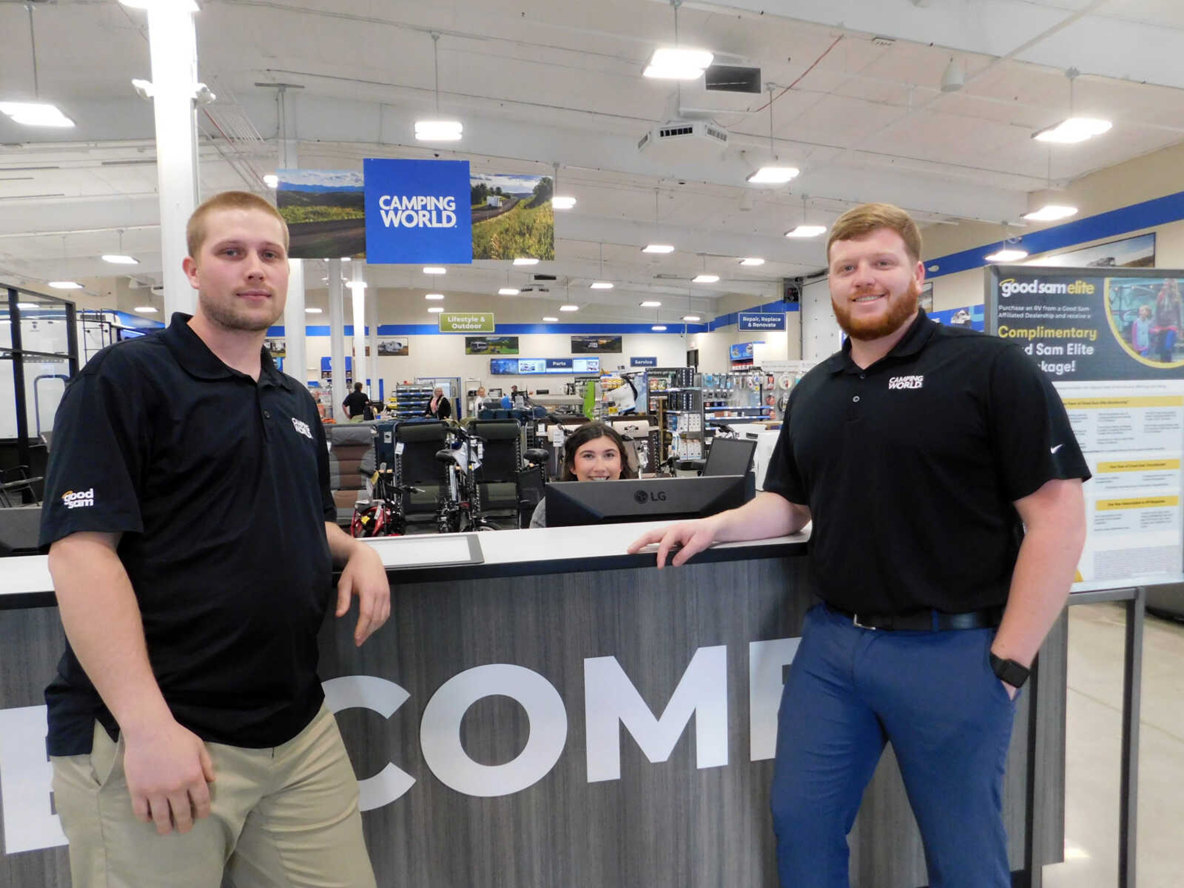 The newly opened Scott City Camping World employs 45 workers, including, from left, sales associate Carter Ridlon, receptionist Joscilyn Howard and general manager Jordan Cogar. More than a year after the building was completed, it opened to the public Monday, March 25.