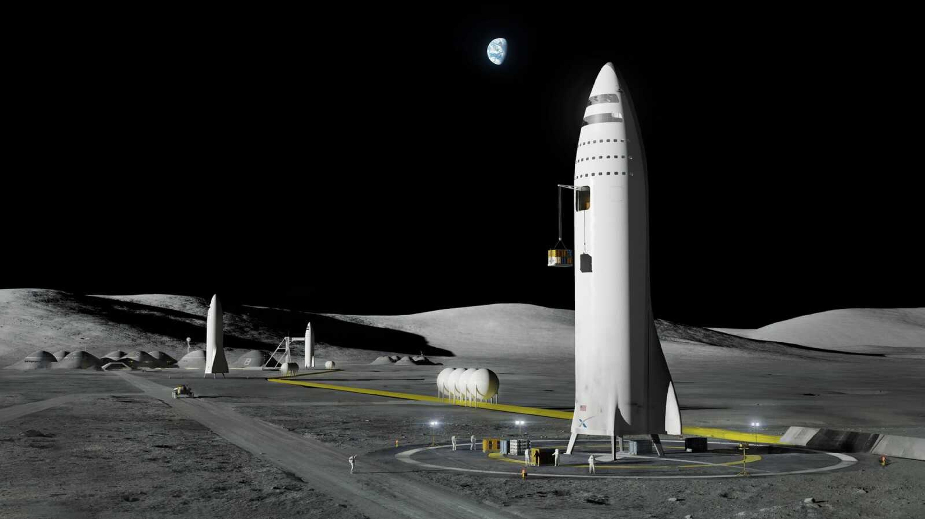 This artist's rendering made available by Elon Musk on Sept. 29, 2017, shows SpaceX's mega-rocket design on the Earth's moon.