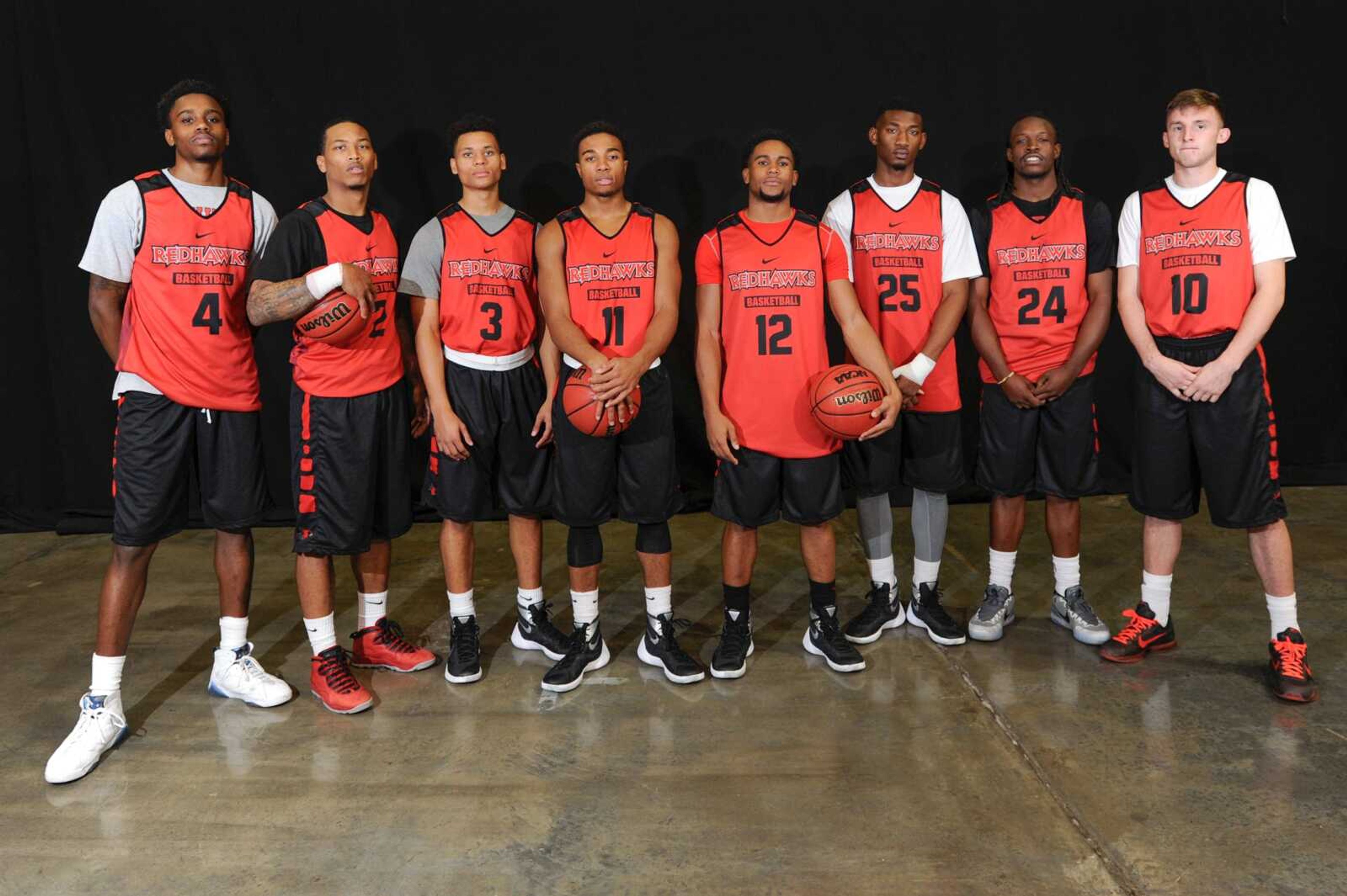 From left to right, Antonius Cleveland, Isiah Jones, Eric McGill, Marcus Wallace, Jamaal Calvin, Ladarius Coleman, J.T. Jones and Robby Dosier will make up the backcourt for this year's Southeast Missouri State men's basketball team. (Glenn Landberg)