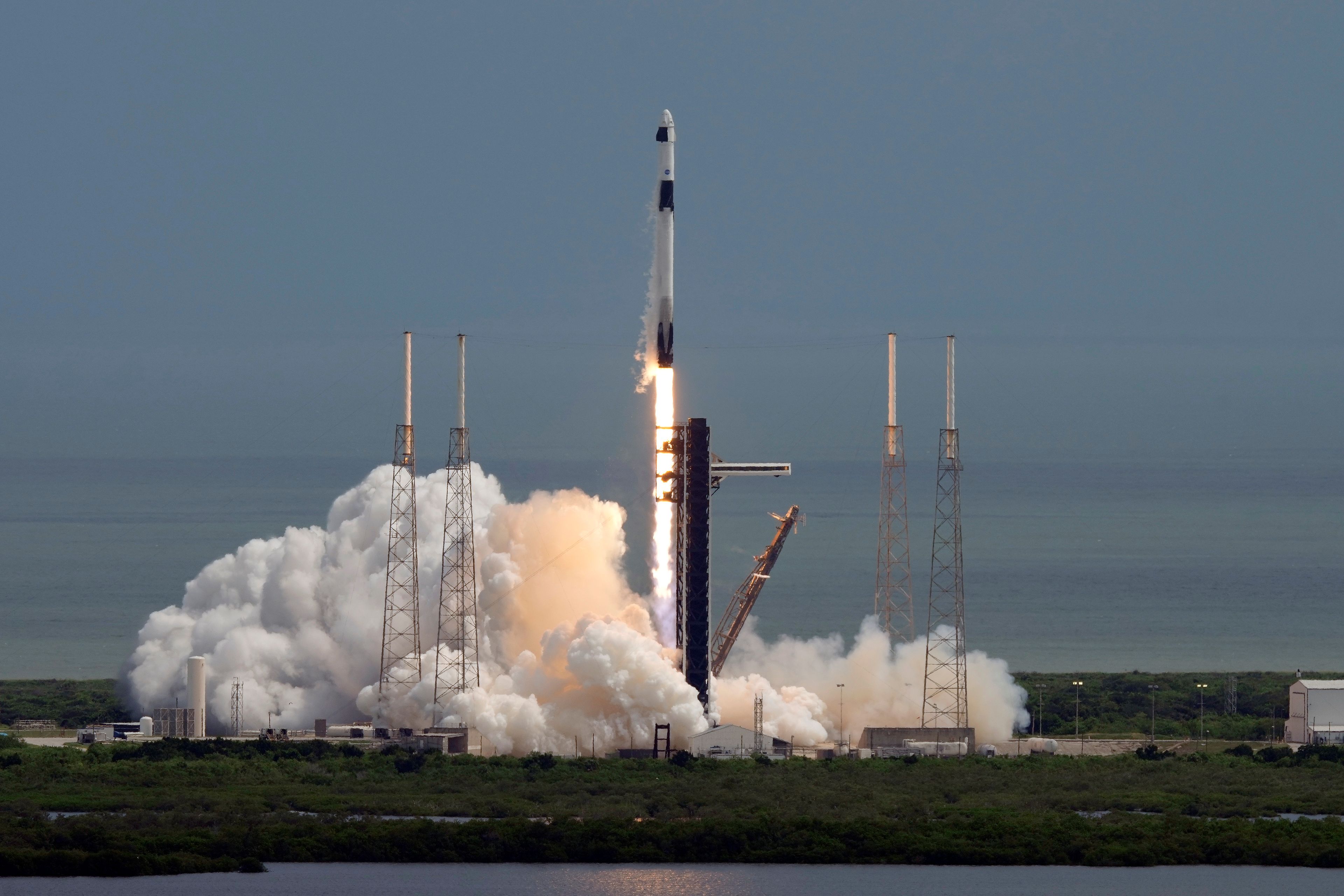 A SpaceX Falcon 9 rocket, with a crew of two astronauts, lifts off from launch pad 40 at the Cape Canaveral Space Force Station in Cape Canaveral, Fla., Saturday, Sept. 28, 2024. (AP Photo/Chris O'Meara)