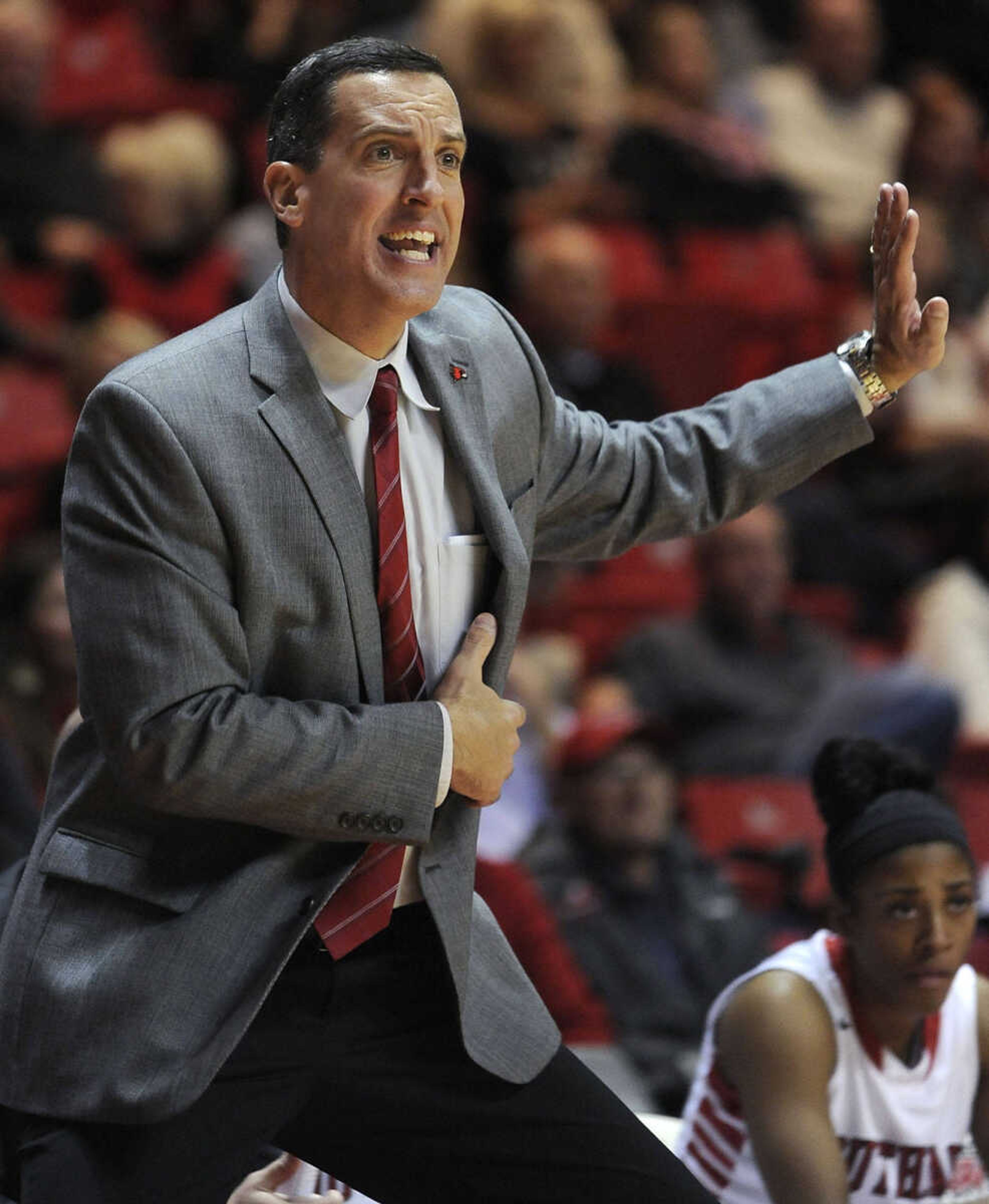 Southeast Missouri State coach Ty Margenthaler shouts instructions to his team during the second half of the game against Saint Louis on Friday, Nov. 21, 2014 at the Show Me Center. (Fred Lynch)