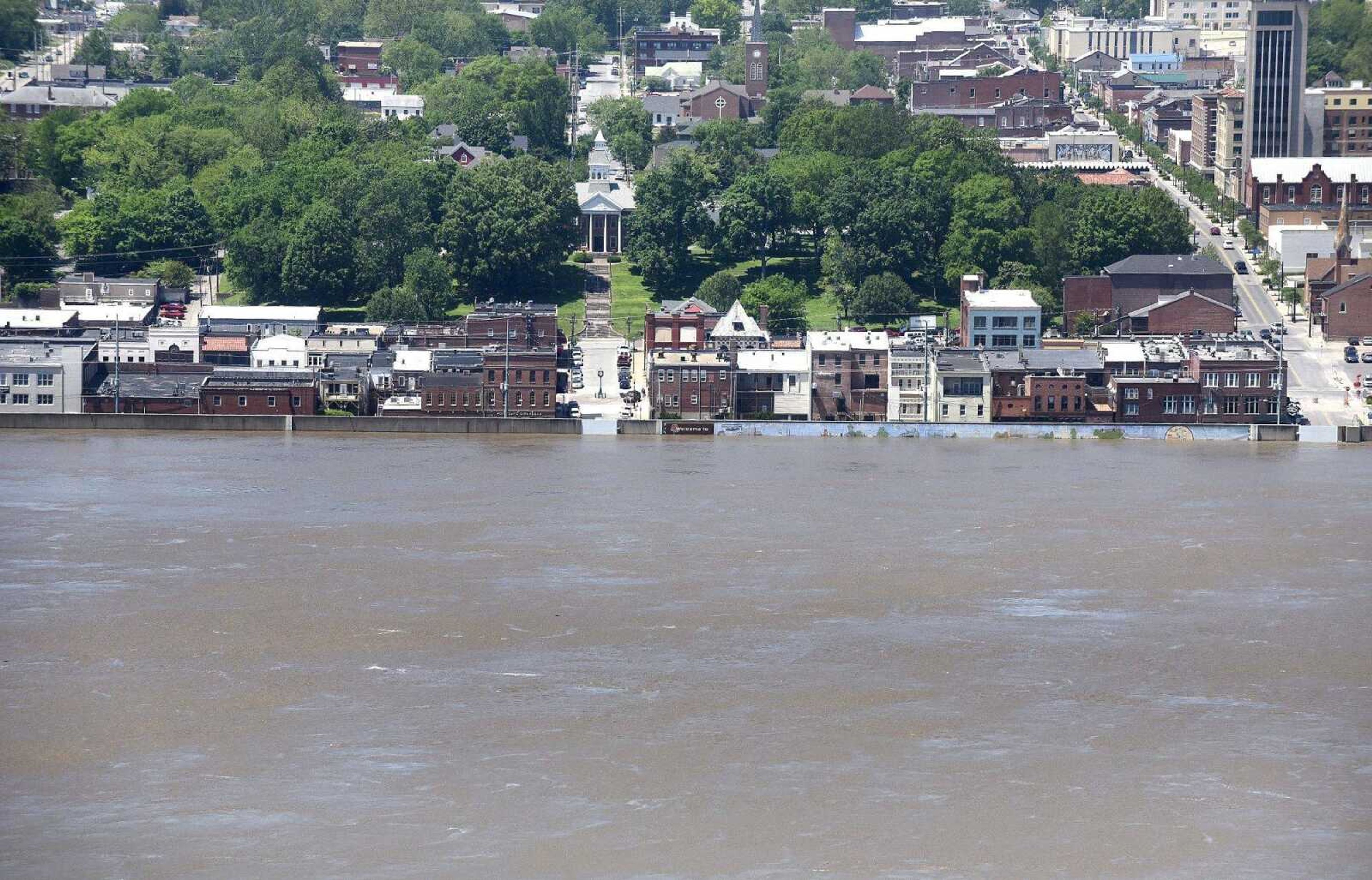 Downtown Cape Girardeau is seen behind the flood wall that is protecting the town from the flooded Mississippi River on May 6.