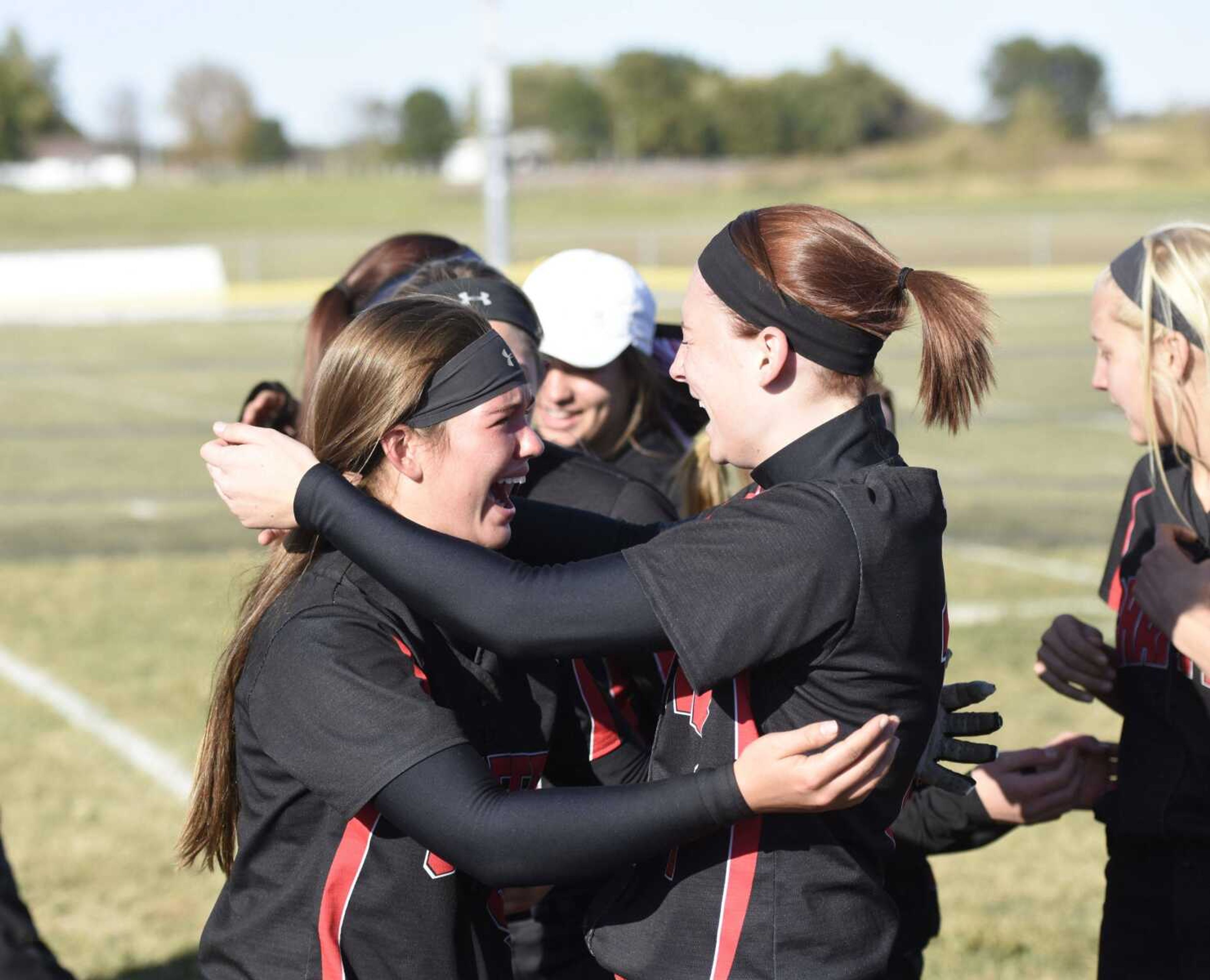 Chaffee's Madeline Hendrix, left, and Hannah Seyer celebrate after winning a Class 1 quarterfinal Saturday in Vandalia, Missouri. (Ben Striker)