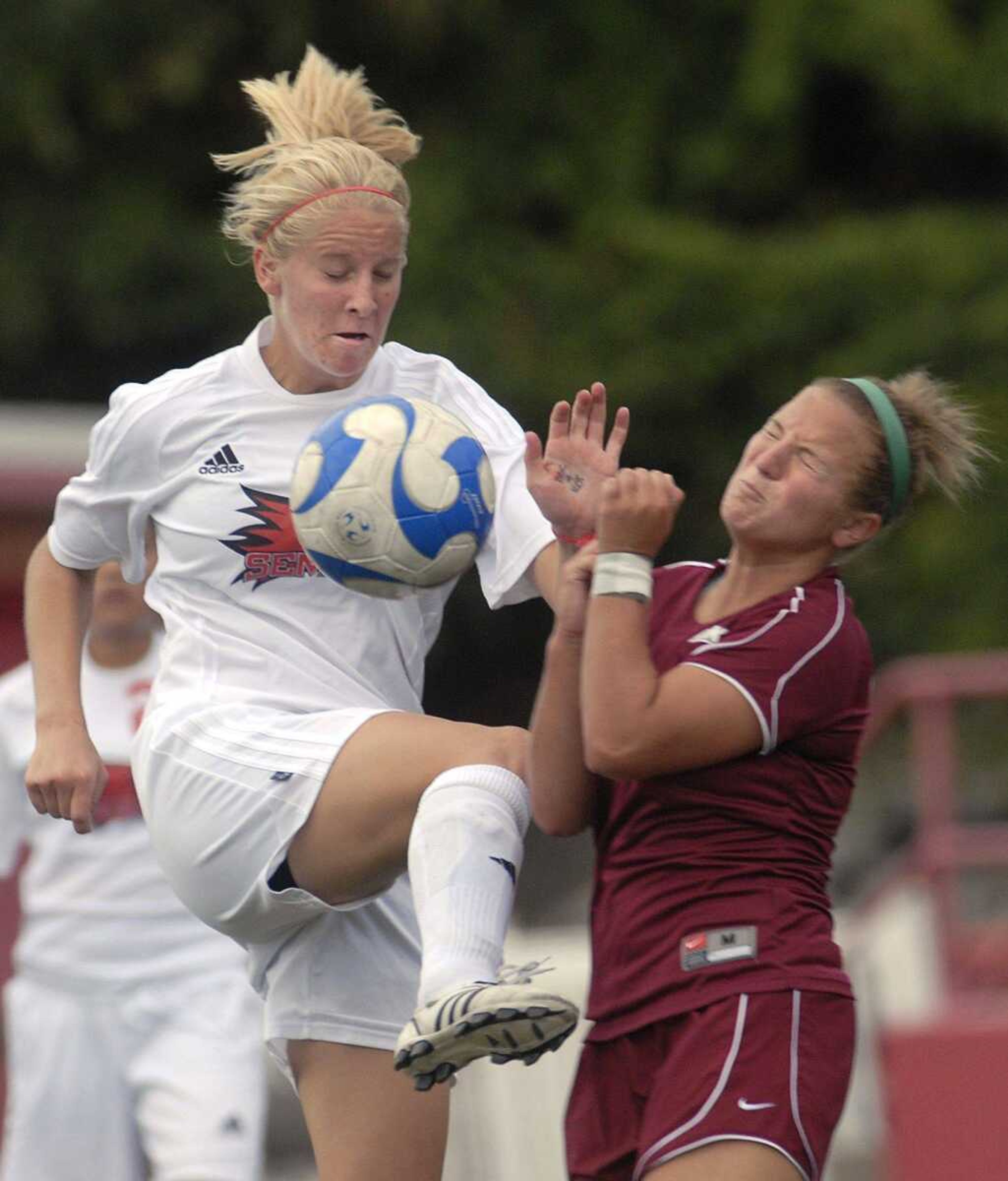 Southeast Missouri State's Kristi Frick kicks the ball away from Eastern Kentucky's Maddy Shumaker during the first half Sunday at Houck Stadium.

FRED LYNCH flynch@ semissourian.com