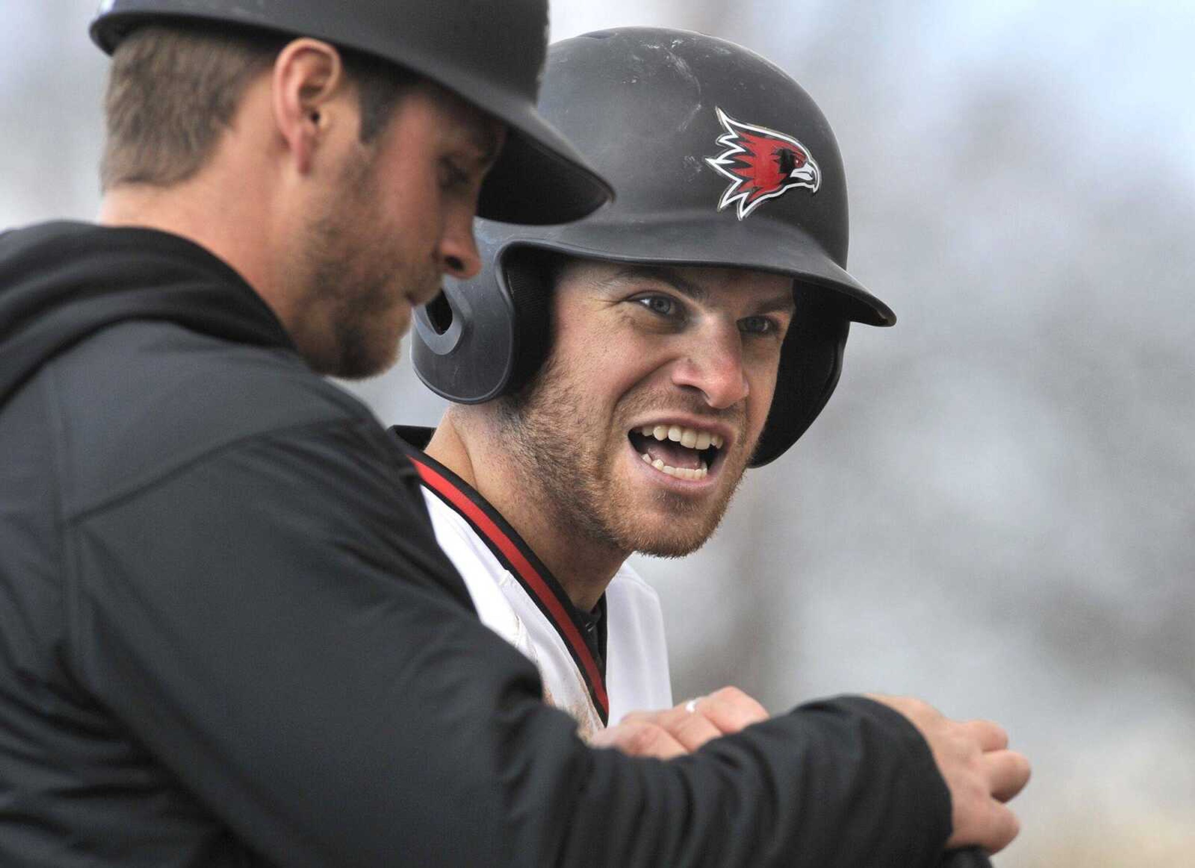 Southeast Missouri State's Chris Caffrey comes up at third base after tripling to left centerfield against Morehead State during the sixth inning Sunday, March 20, 2016 at Capaha Field. Caffrey later scored when Dan Holst grounded out to second.