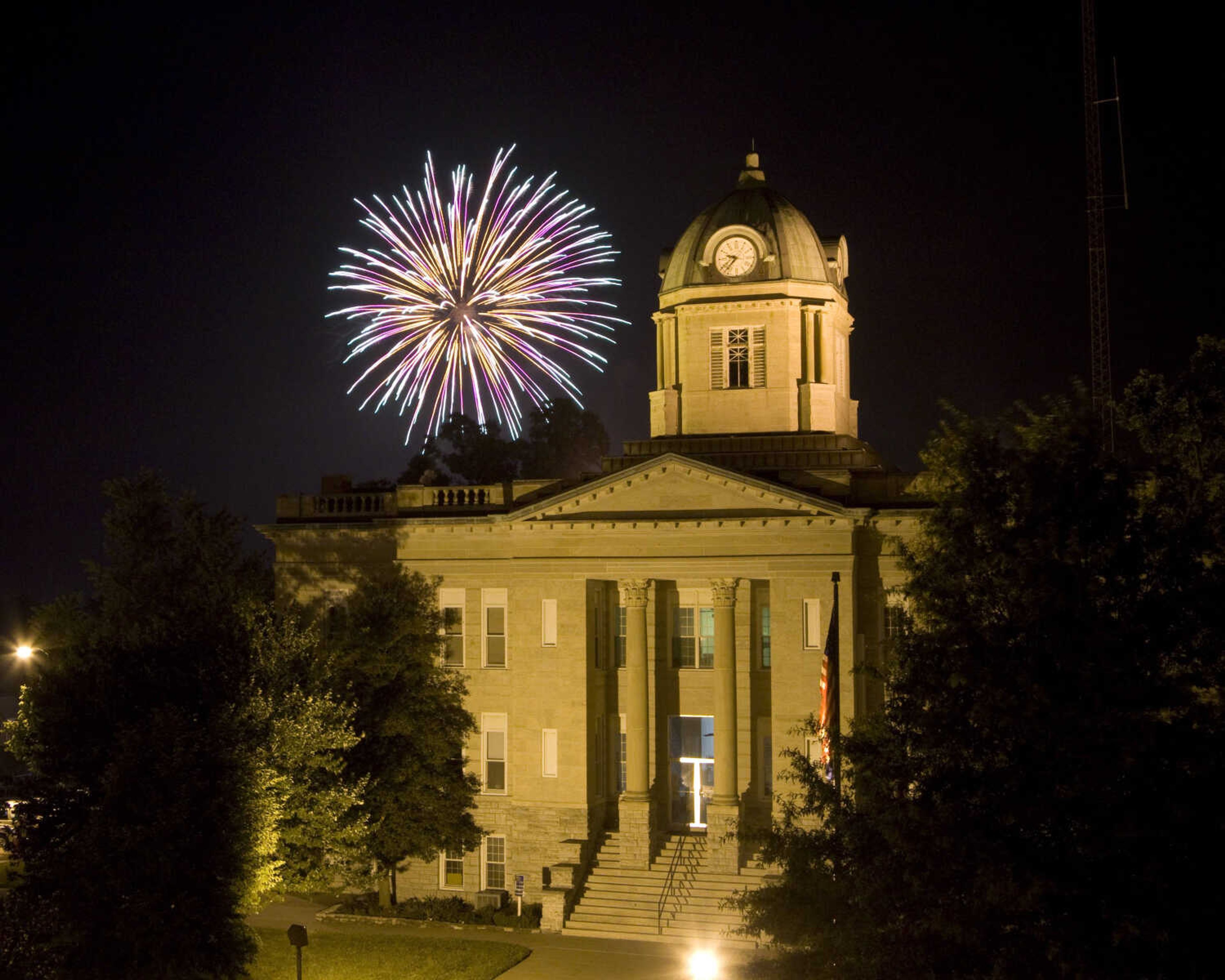 Fireworks seen over the Cape Girardeau County courthouse in Jackson, photographed from the roof of The Andrew Jackson.