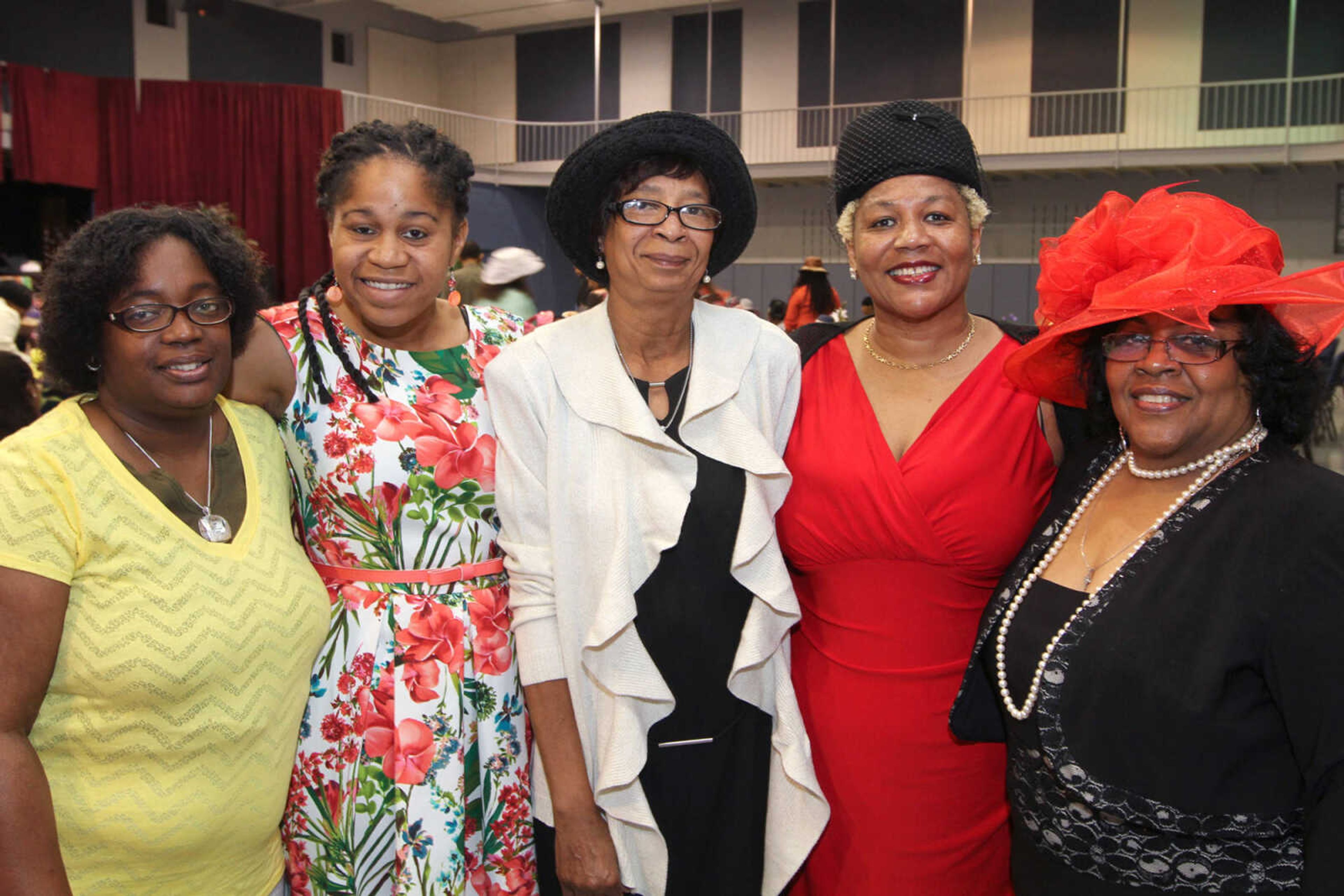 GLENN LANDBERG ~ glandberg@semissourian.com

Joy Lyas, left, Stephanie Fraction, Ethel Waston, Bobbie Mosley and Zoia Martin pose for a photo during the second annual Denza Zenobia Mitchell Hat Luncheon Saturday, March 21, 2015 at Centenary Church Family Life Center in Cape Girardeau.