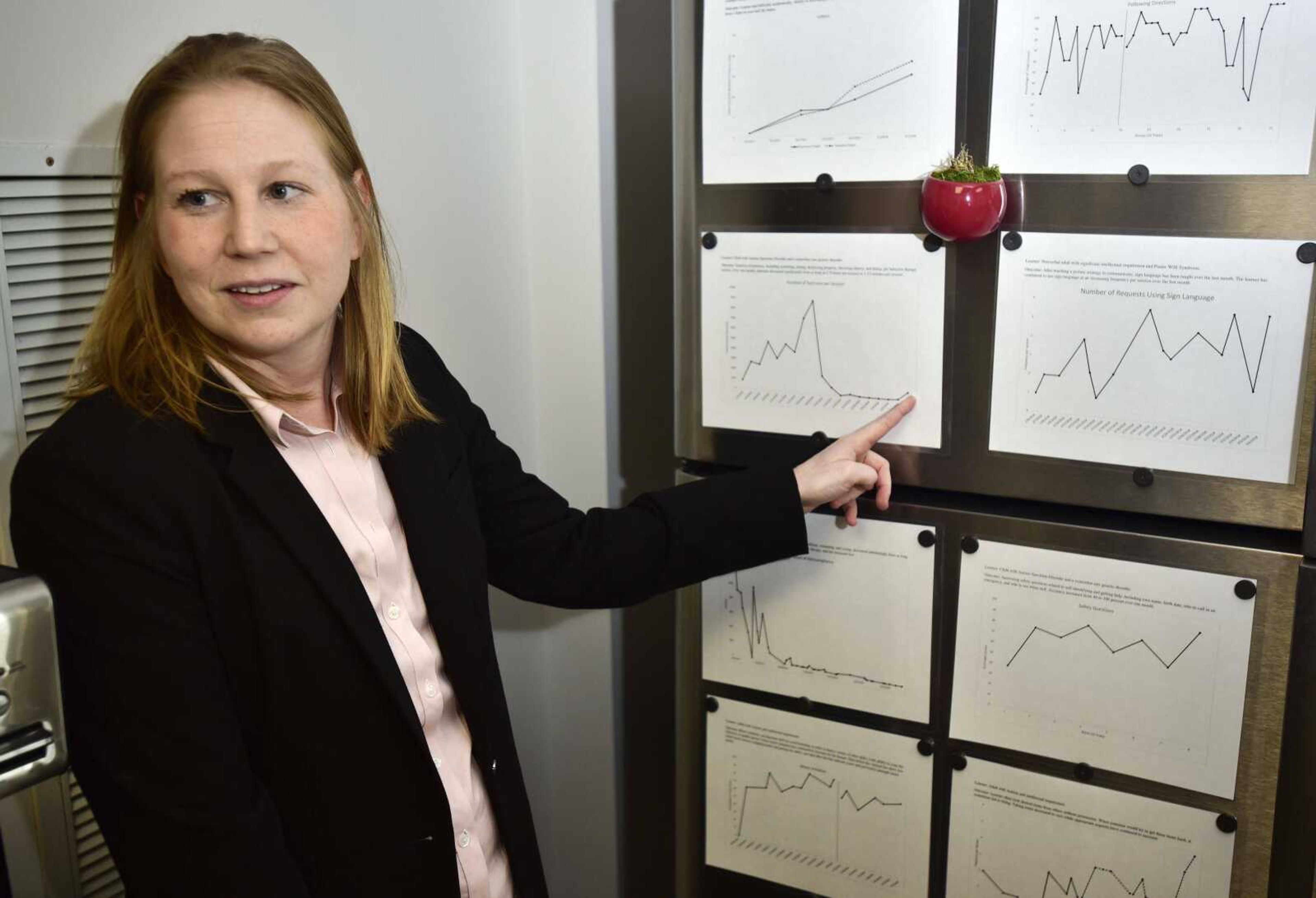 Radcliffe explains progress graphs hanging on a refrigerator Thursday at Morning Star's office in Cape Girardeau.