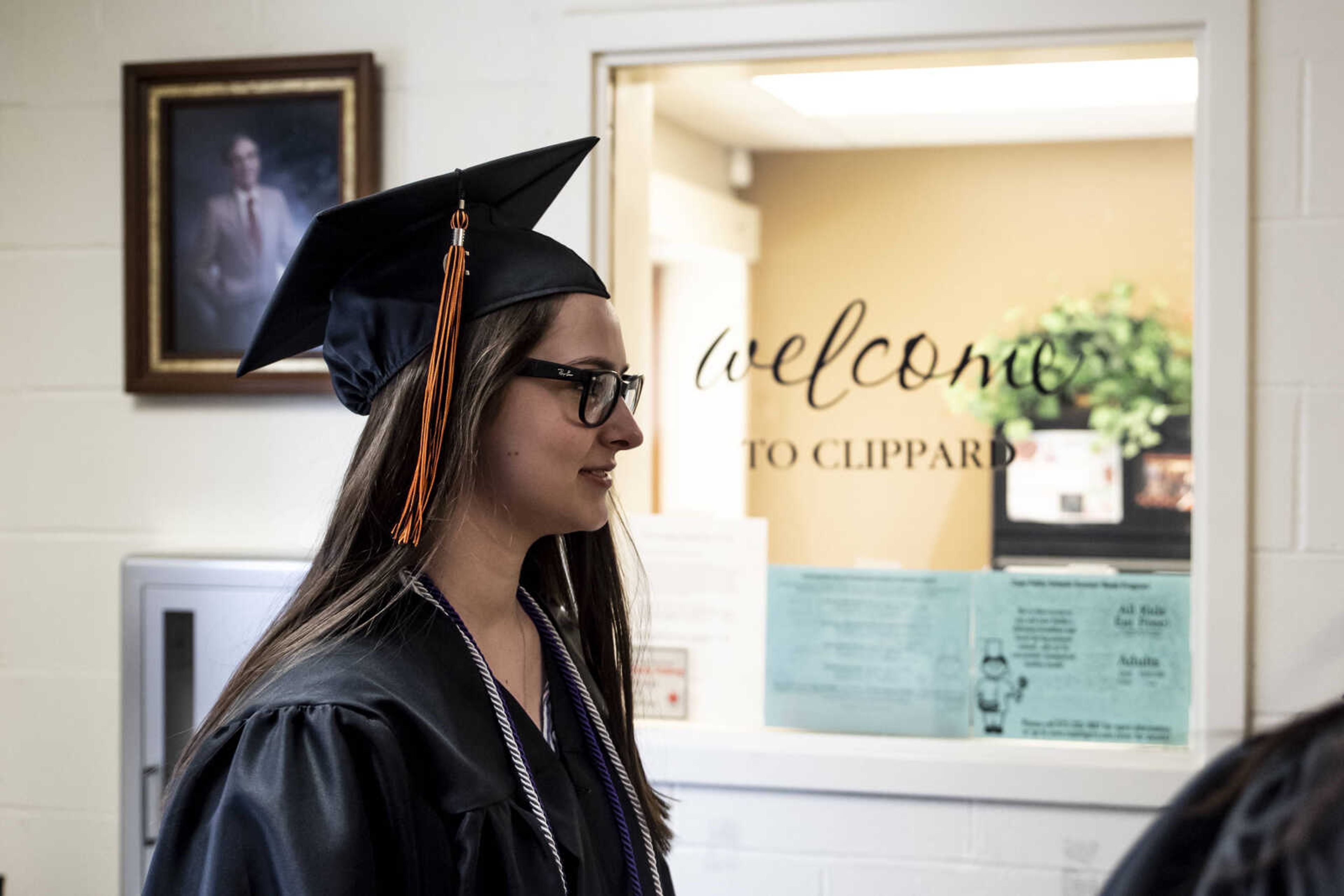 Emily Medlock waits in the lobby of Clippard Elementary School before the grad walk Friday, May 10, 2019, in Cape Girardeau. The grad walk is an opportunity for graduates to visit the elementary school they attended and visit with teachers who might still be working at that building.