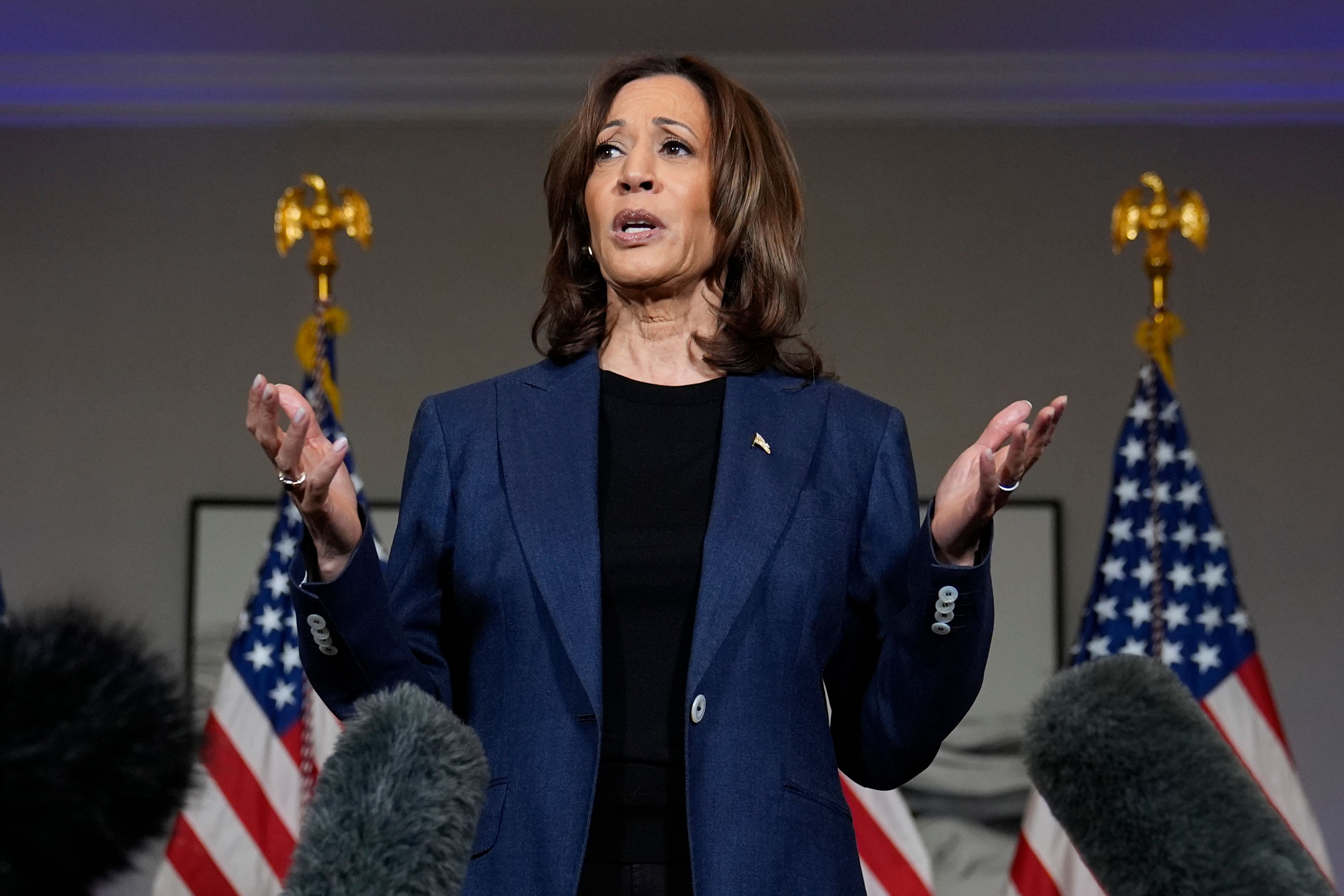 Democratic presidential nominee Vice President Kamala Harris speaks to reporters in Houston, Friday, Oct. 25, 2024. (AP Photo/Susan Walsh)