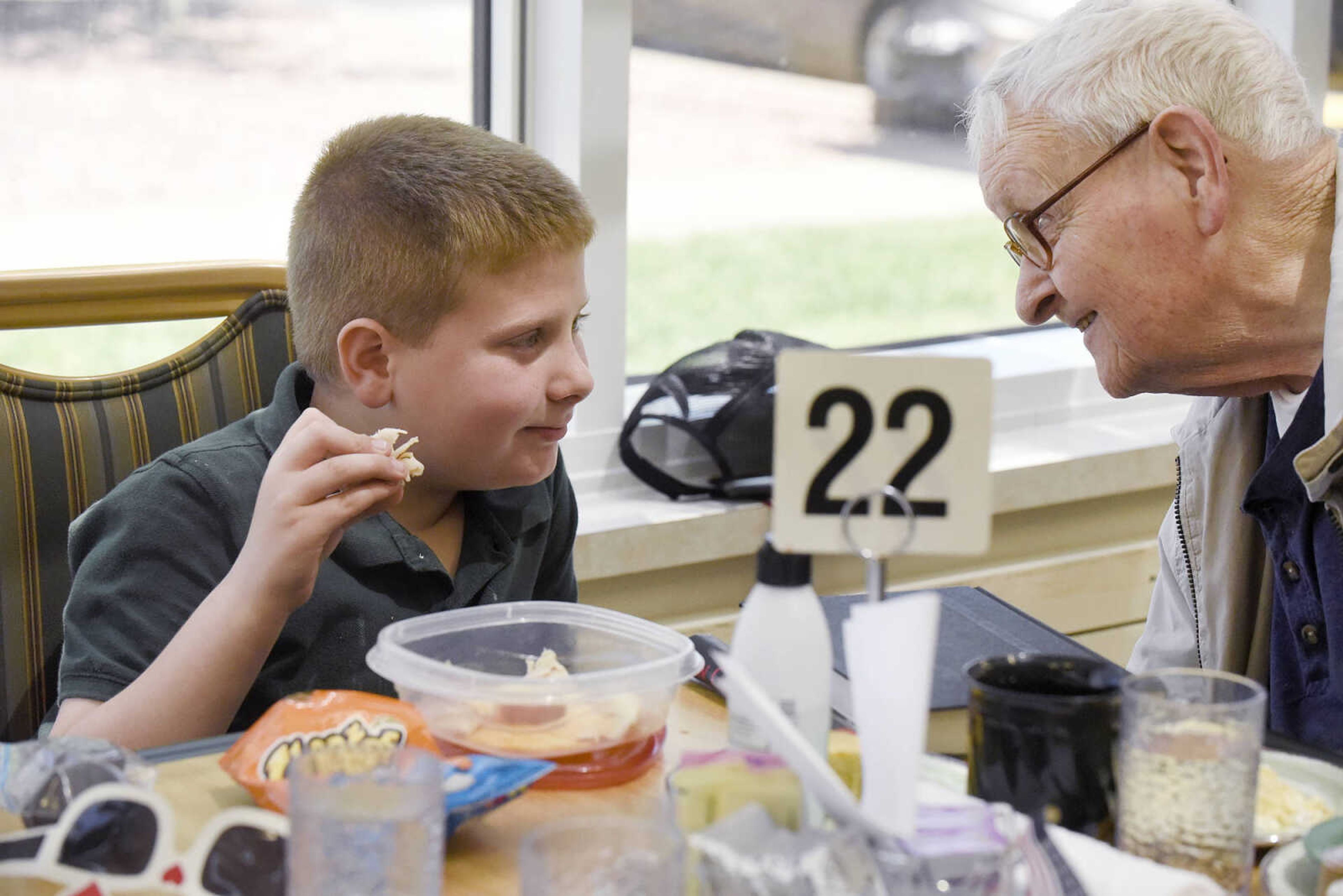 Don Yount, right, visits with Prodigy Leadership Academy student, Timothy Vails on Tuesday, April 25, 2017, at the Missouri Veterans Home in Cape Girardeau.