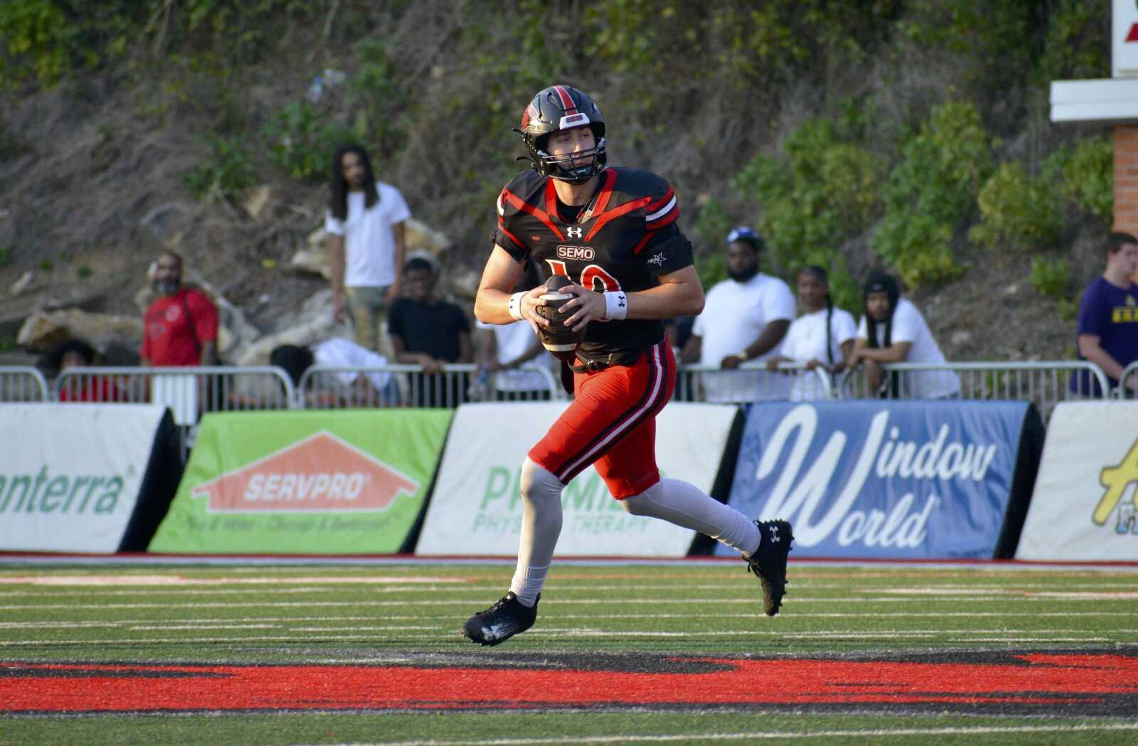 SEMO quarterback Paxton DeLaurent looks downfield for an open target against Tennessee Tech on Saturday, Oct. 12, at Houck Field. 