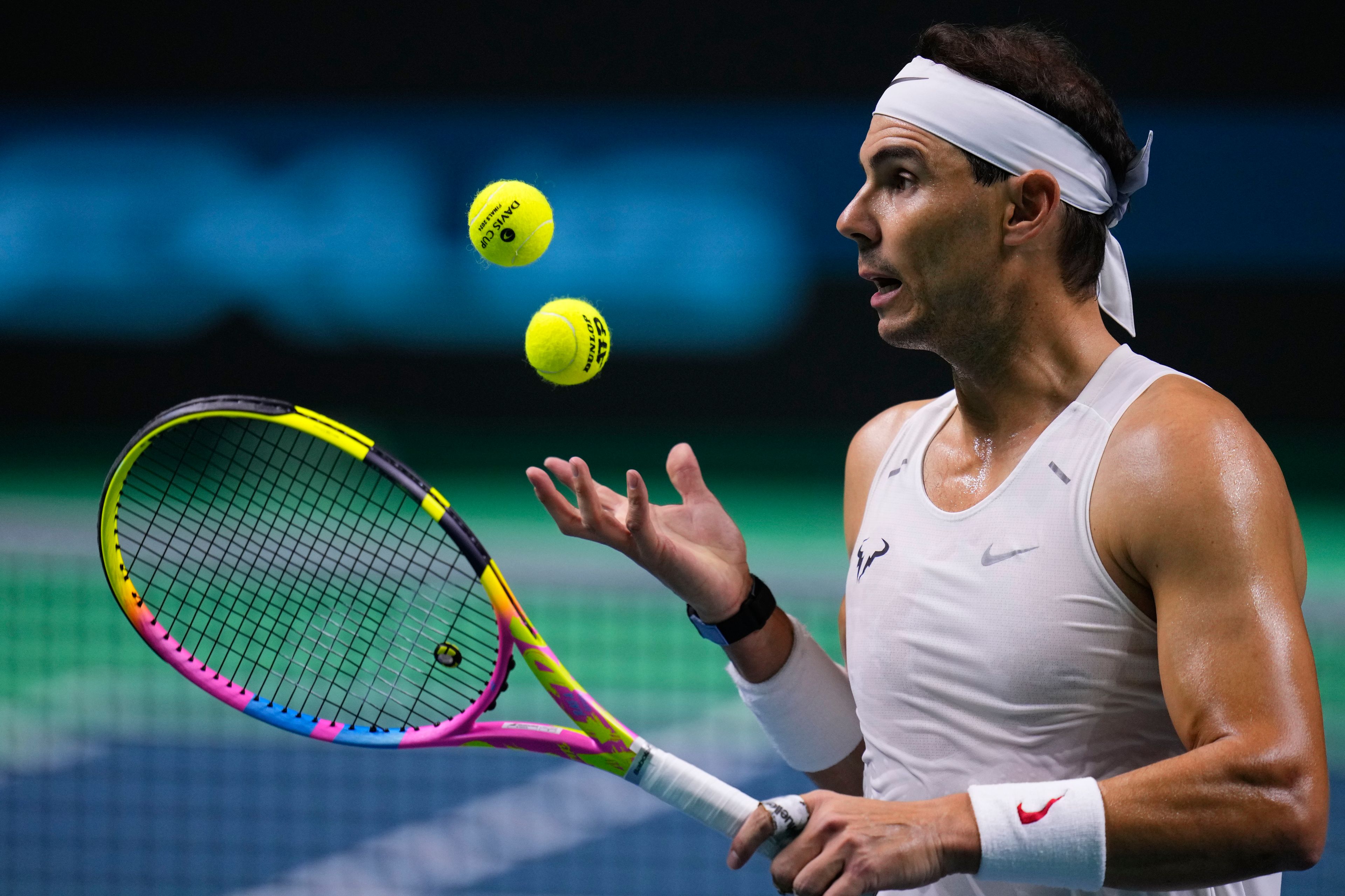 Spain's tennis player Rafael Nadal attends a training session in Malaga, southern Spain, on Monday, Nov. 18, 2024. (AP Photo/Manu Fernandez)