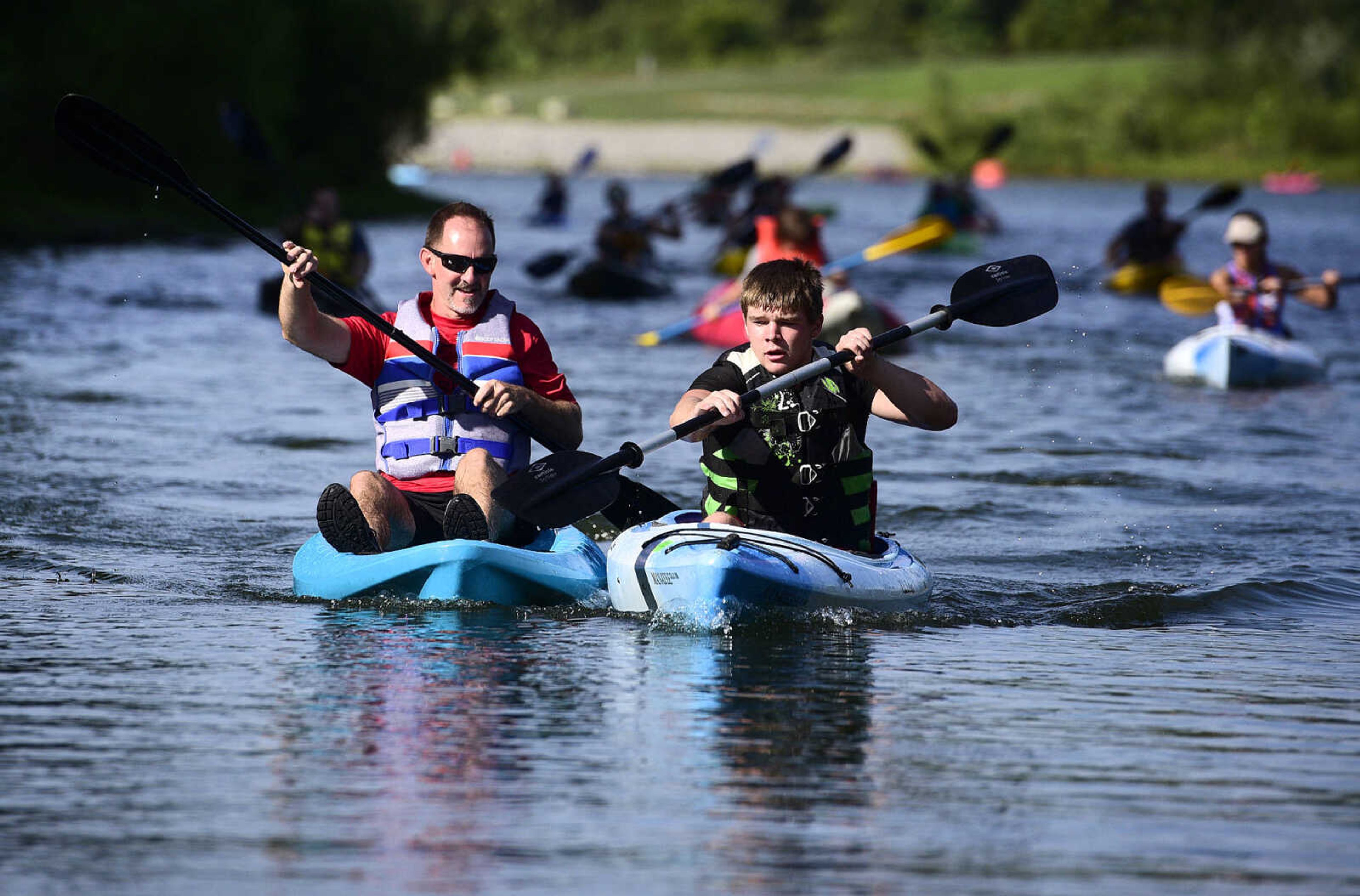 People kayak on Lake Boutin during the first ever St. Jude Heroes Yak 'n Run on Saturday, Aug. 26, 2017, at Trail of Tears State Park. All proceeds from the event support St. Jude Children's Research Hospital