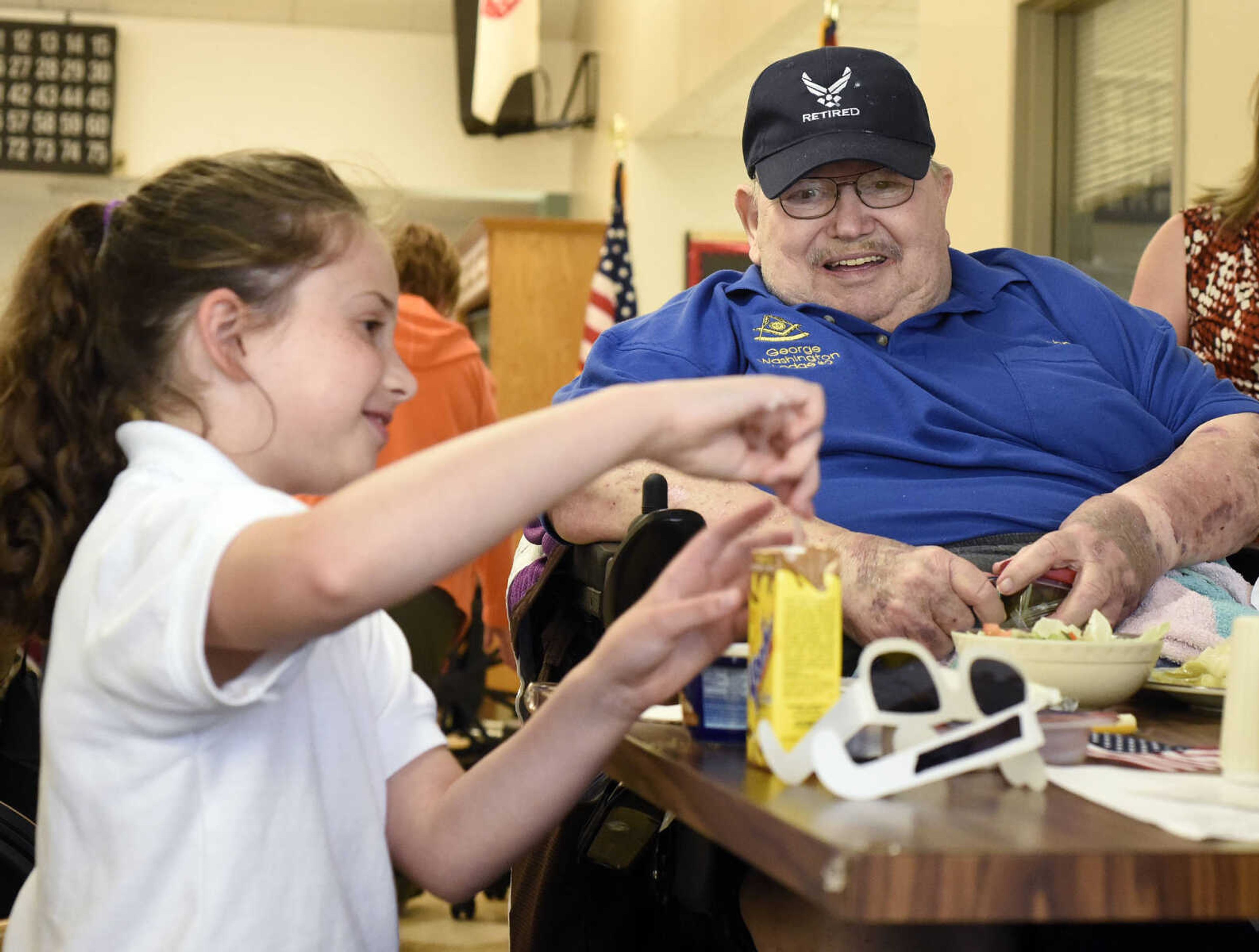 John Fox smiles as he has lunch with Prodigy Leadership Academy student, Logan Lamont,  on Tuesday, April 25, 2017, at the Missouri Veterans Home in Cape Girardeau.