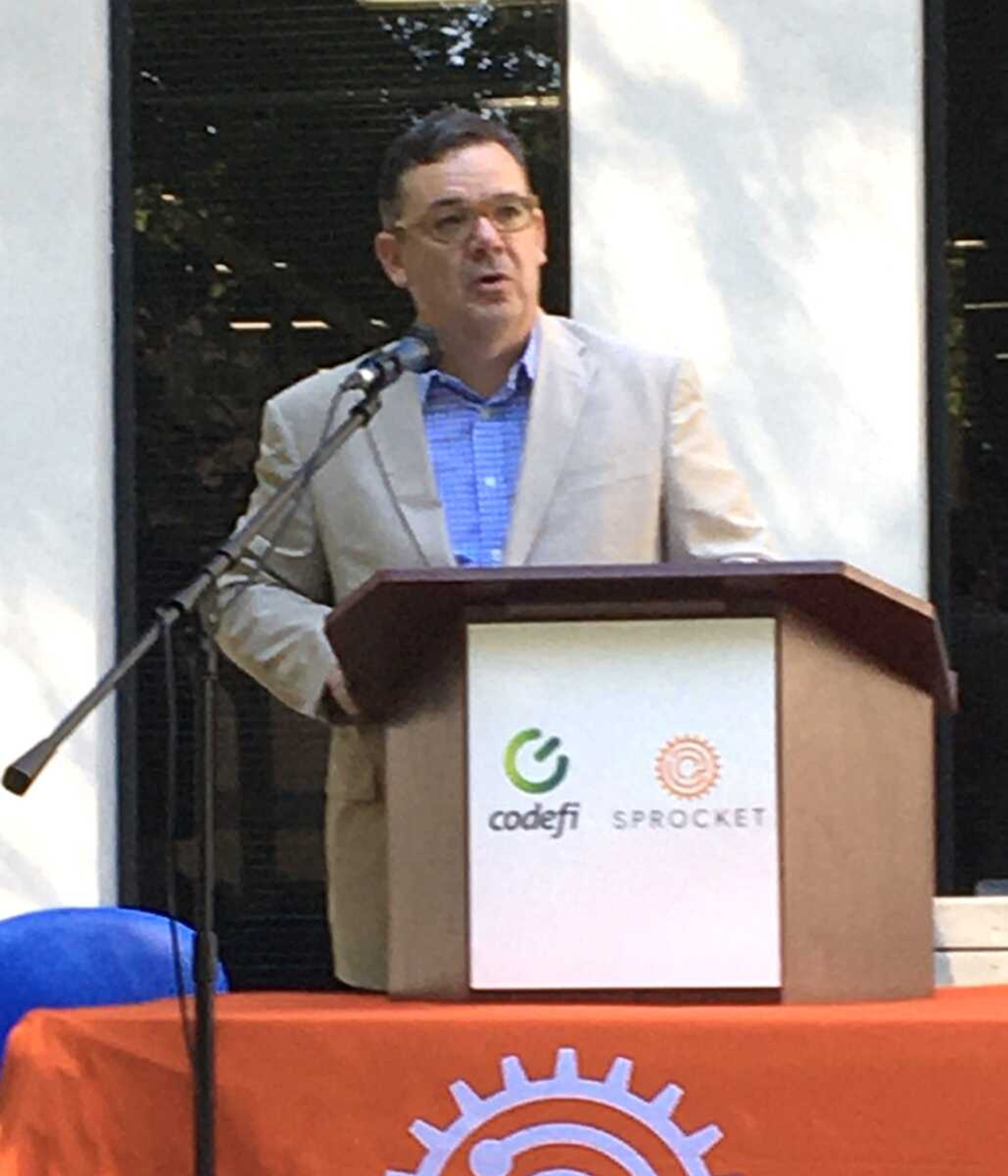 James Stapleton, co-founder of Codefi in Cape Girardeau, spoke Thursday at the McCracken County Public Library in Paducah, Kentucky, to announce the expansion of Codefi into Western Kentucky.