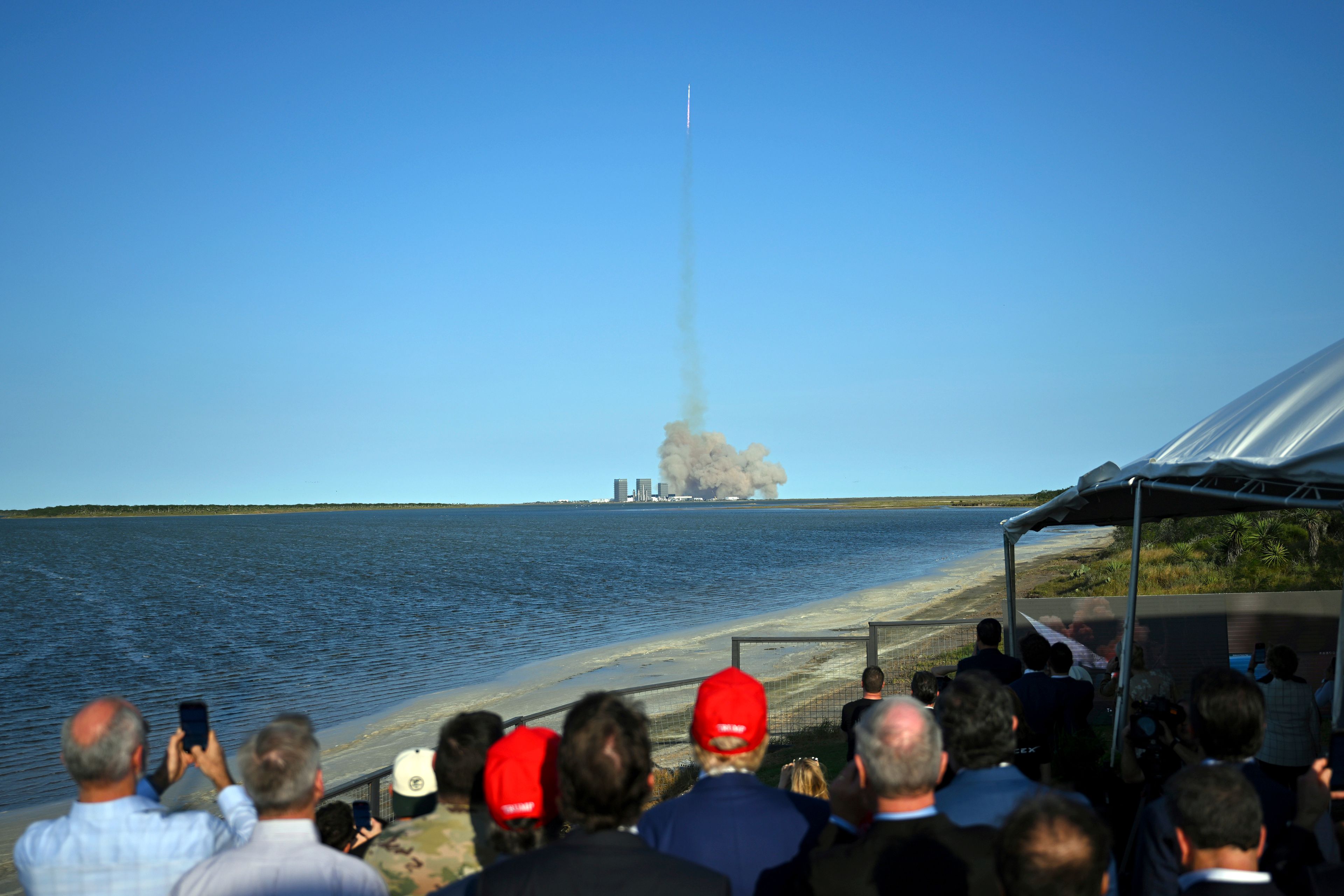 President-elect Donald Trump watches the launch of the sixth test flight of the SpaceX Starship rocket Tuesday, Nov. 19, 2024, in Brownsville, Texas. (Brandon Bell/Pool via AP)