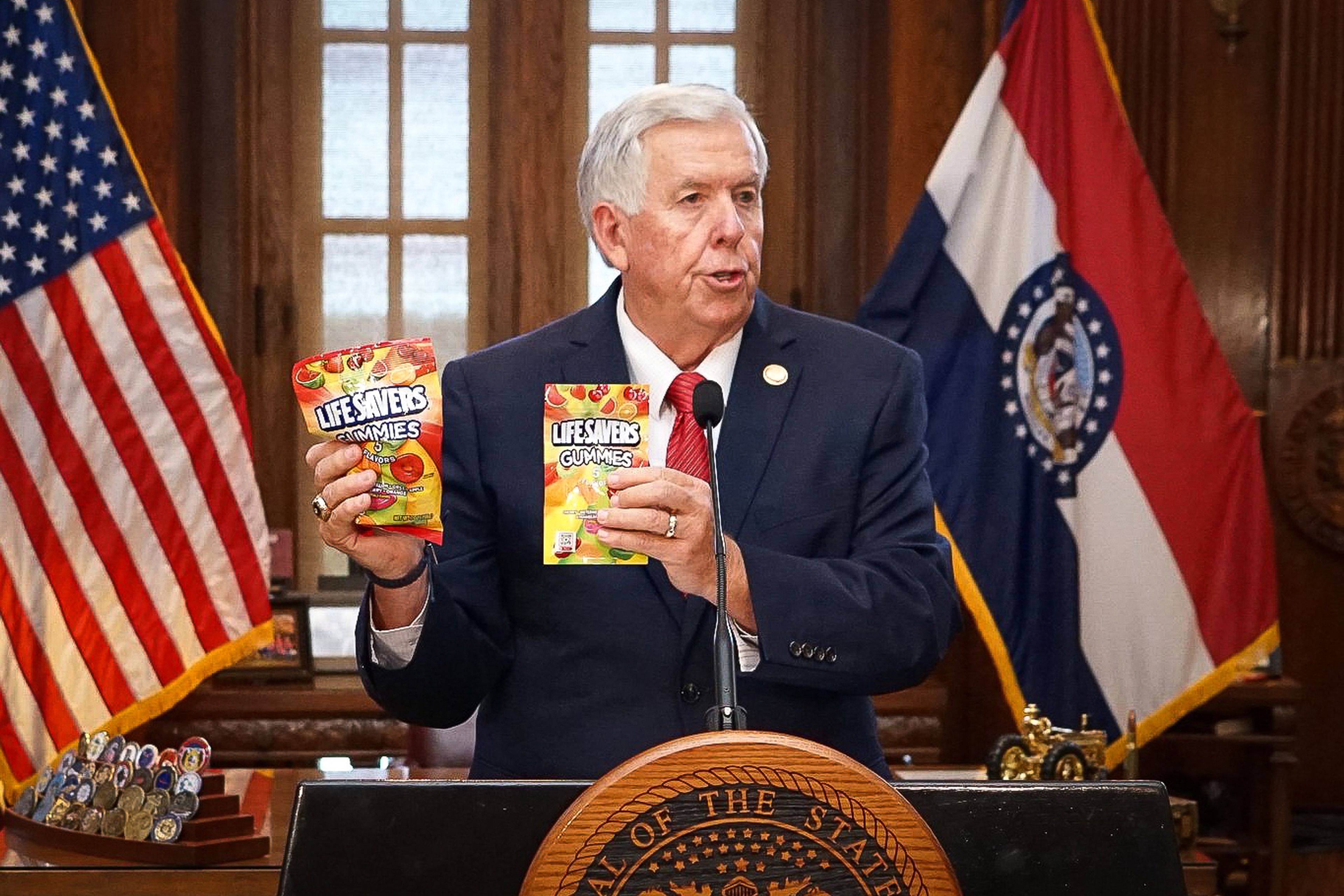 Gov. Mike Parson speaks at his Capitol news conference announcing Executive Order 24-10 that bans the sale of intoxicating hemp products in Missouri "until such time approved sources can be regulated by the FDA or State of Missouri through legislative action," he said.