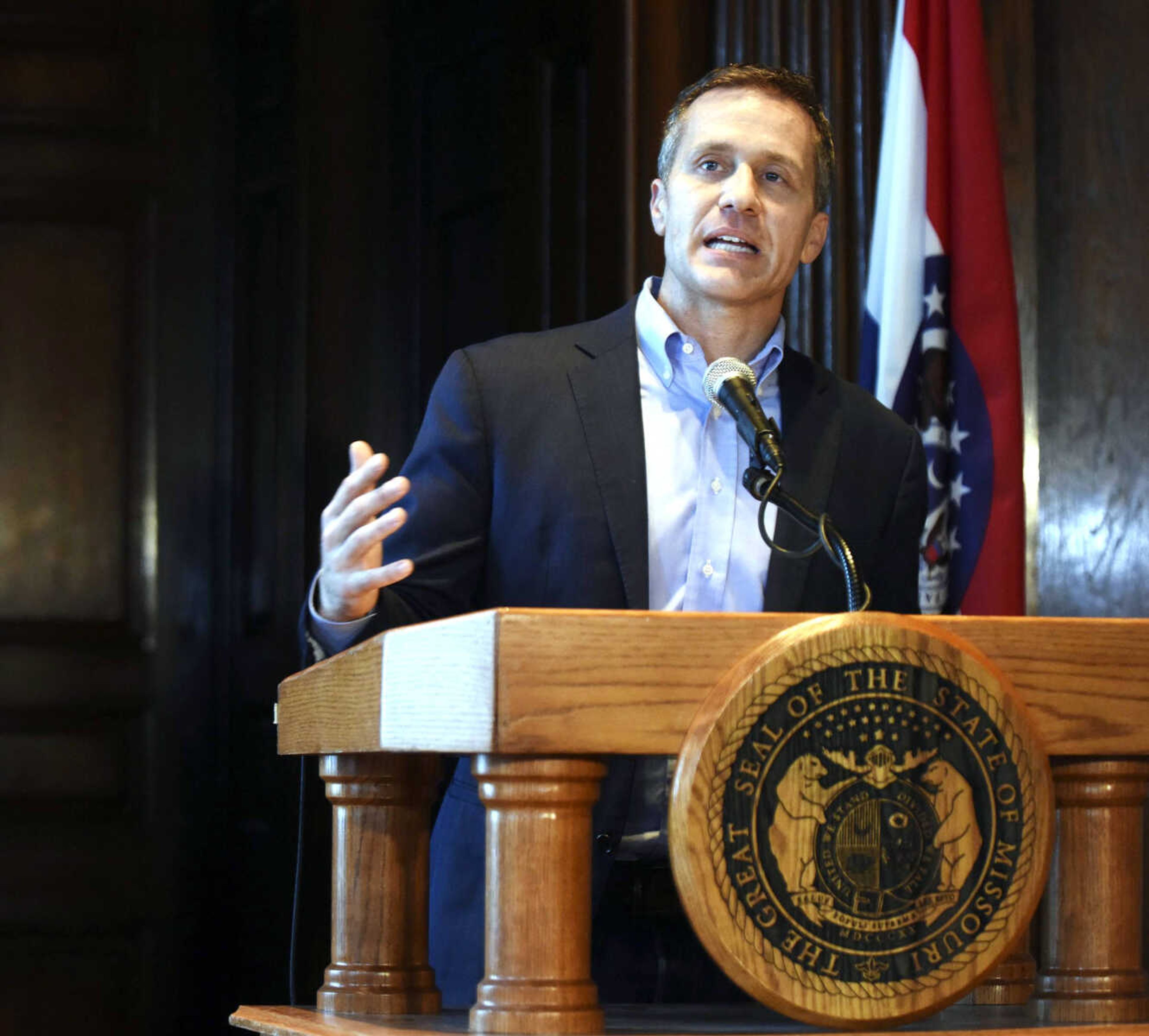 Gov. Eric Greitens speaks at a news conference April 11 in Jefferson City, Missouri, about allegations related to an extramarital affair with his hairdresser.