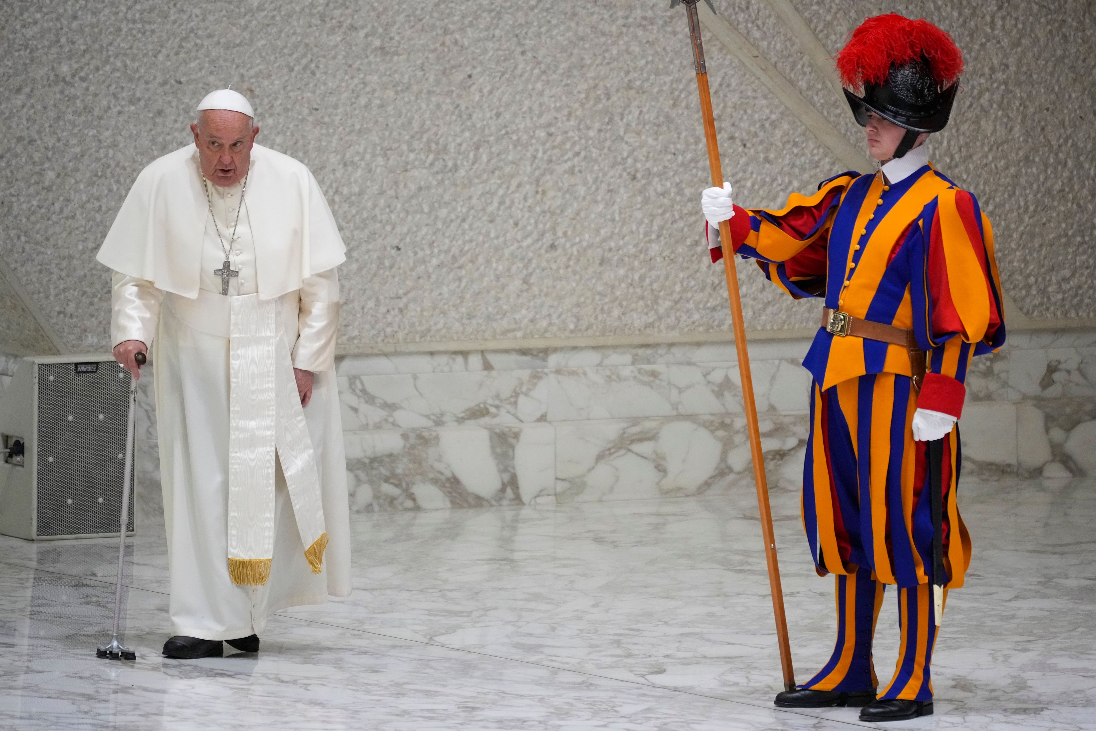 Pope Francis arrives for an audience with fishermen and members of the CEI, Italians Bishops Conference, in the Pope Paul VI hall at the Vatican, Saturday, Nov. 23, 2024. (AP Photo/Andrew Medichini)