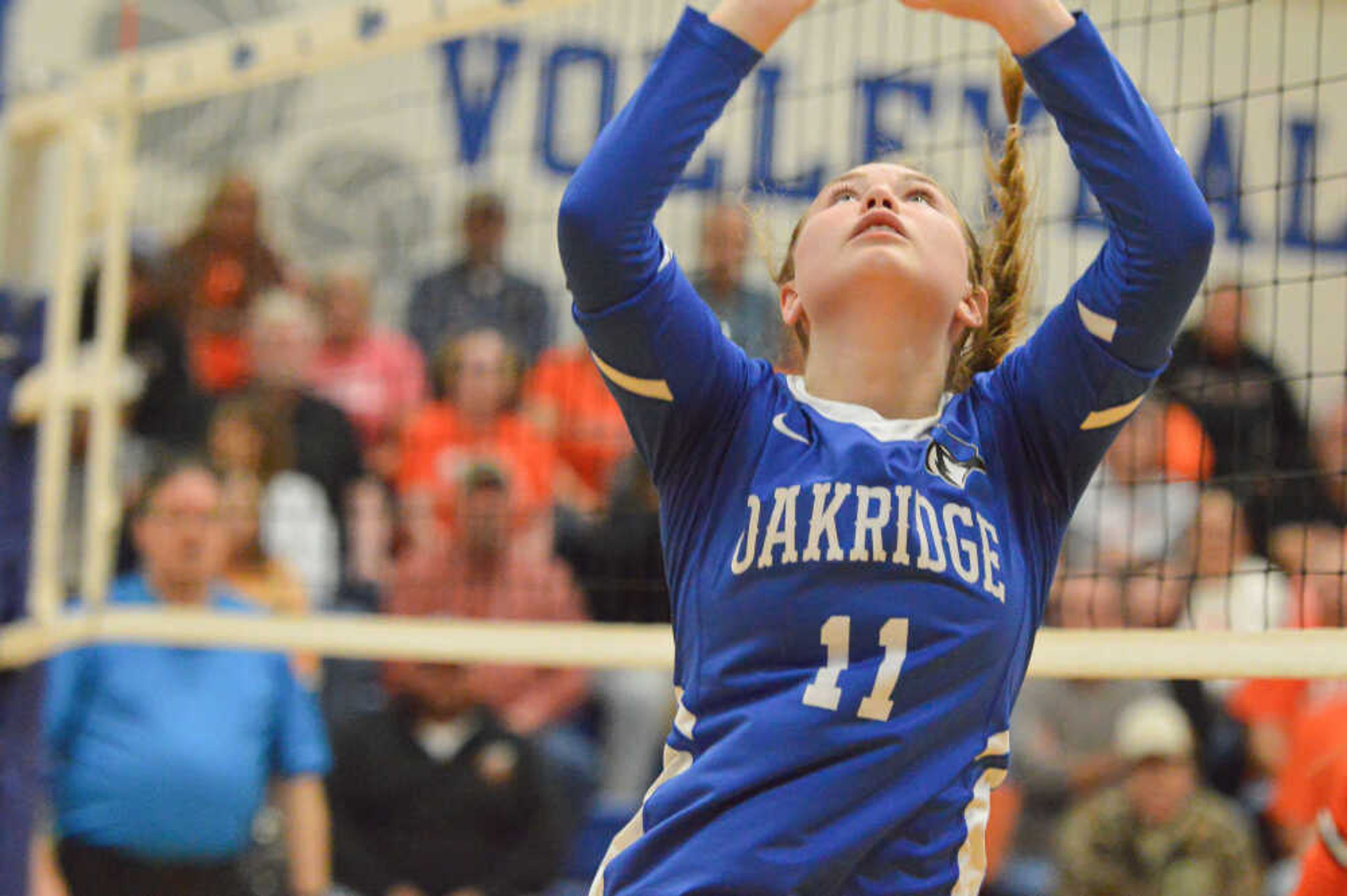 Oak Ridge’s Kenadie Ward sets a ball during an MSHSAA Class 1 sectional between the Oak Ridge Bluejays and the Advance Hornets on Oct. 31 at Oak Ridge High School in Oak Ridge. Ward received a second-team nod on the MVC all-conference team.