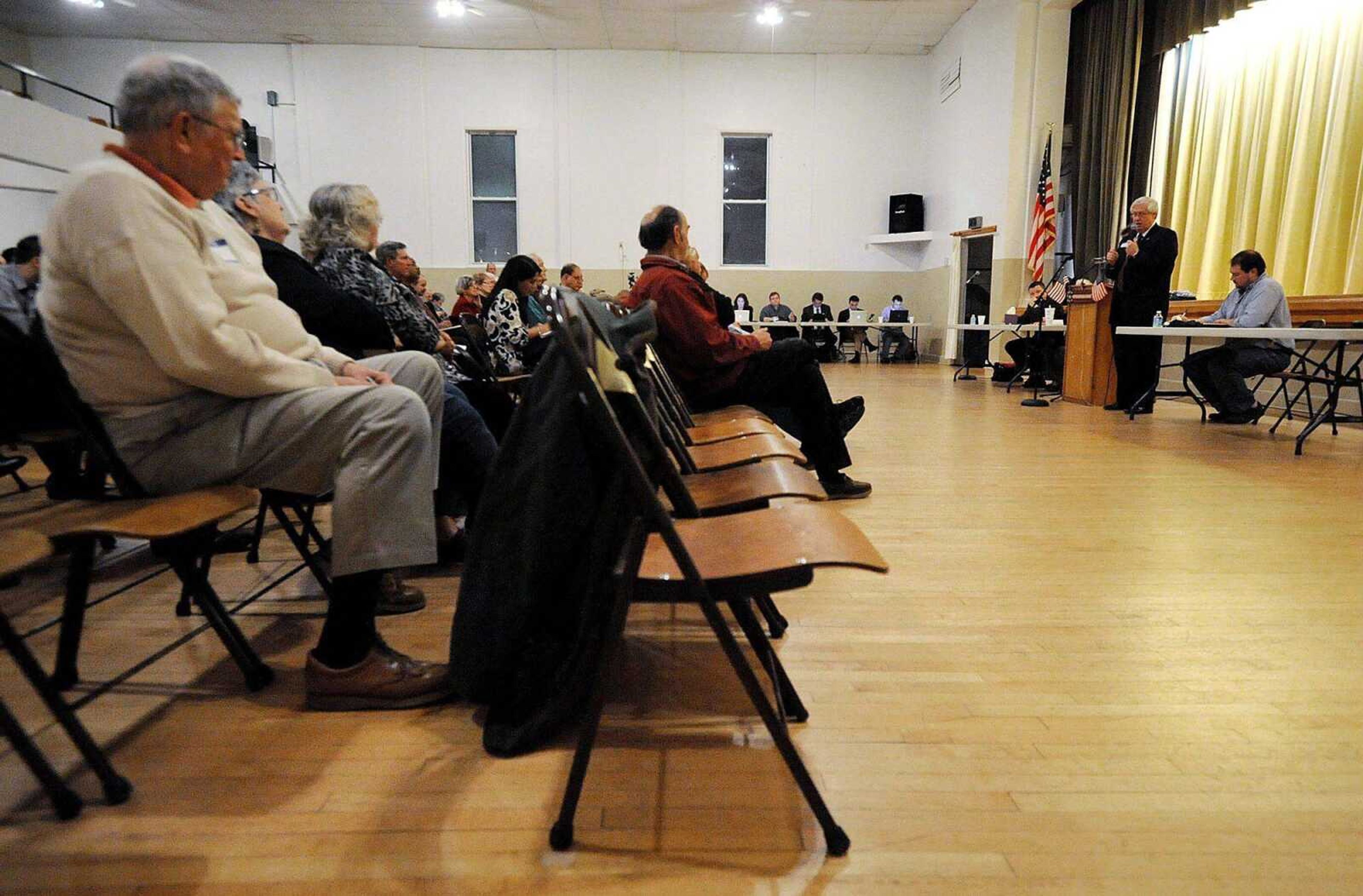 Attendees fill the Salem City Hall's auditorium floor during Thursday night's 8th District Congressional Committee's candidate forum. The GOP committee will nominate a replacement to fill Rep. Jo Ann Emerson's seat. Candidates were asked the same six questions by a member of the GOP committee. Candidates at the forum were Wendell Bailey, Jason Crowell, Lt. Gov. Peter Kinder, Bob Parker, Todd Richardson, Jason Smith, Lloyd Smith(pictured), Pedro Sotelo, Sarah Steelman, Clint Tracy, John Tyrrell and Wayne Wallingford. (LAURA SIMON ~ lsimon@semisourian.com)