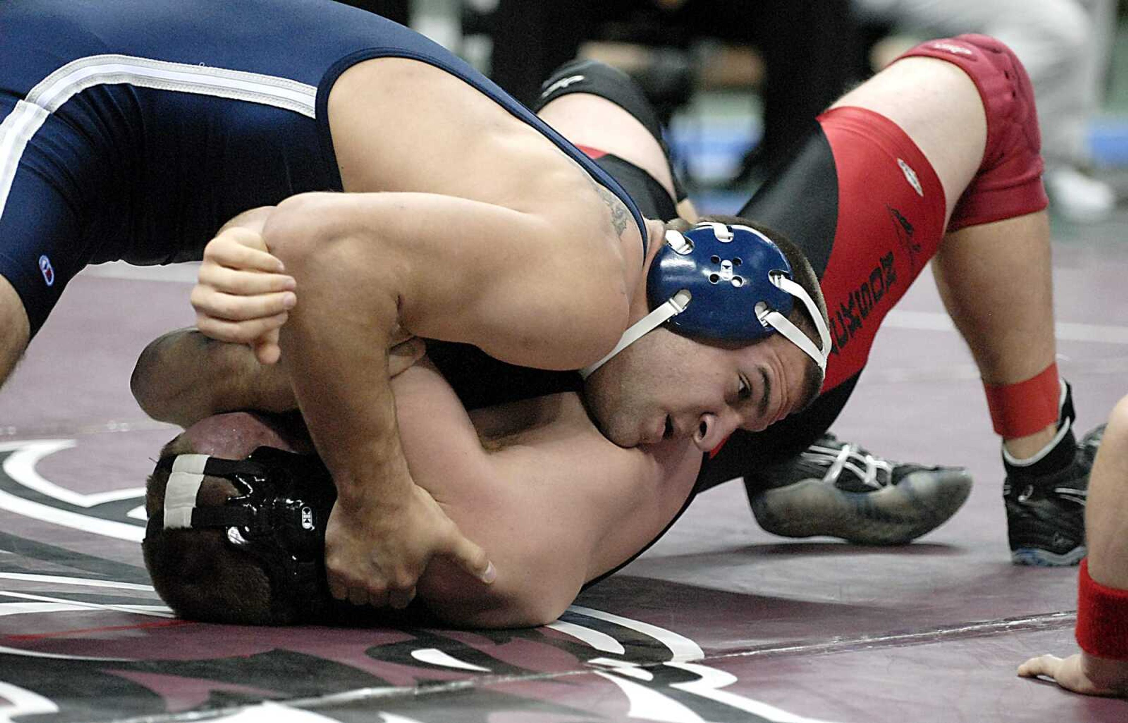 KIT DOYLE ~ kdoyle@semissourian.com
Jackson's Blake Peiffer, bottom, struggled while being pinned by Ben Pister Saturday, February 16, 2008, during the MSHSAA State Championships at the Mizzou Arena in Columbia, Mo.