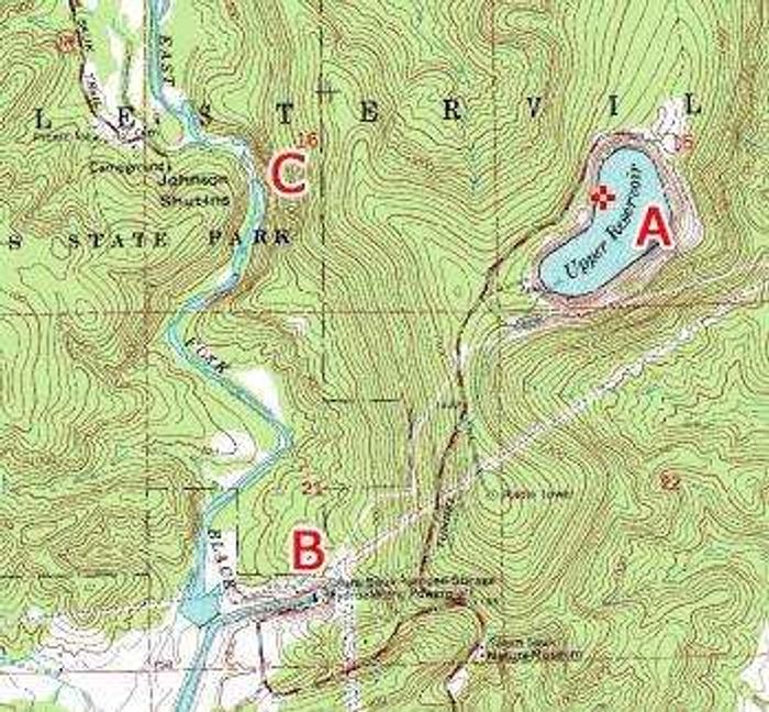 This topographic map shows the Taum Sauk Hydroelectric Plant complex.  The Upper Reservoir (A) was breached "at the northwest corner."  The hydroelectric plant and pump turbine units are located at (B).  Several people were rescued from Johnson Shut-Ins State Park (C).