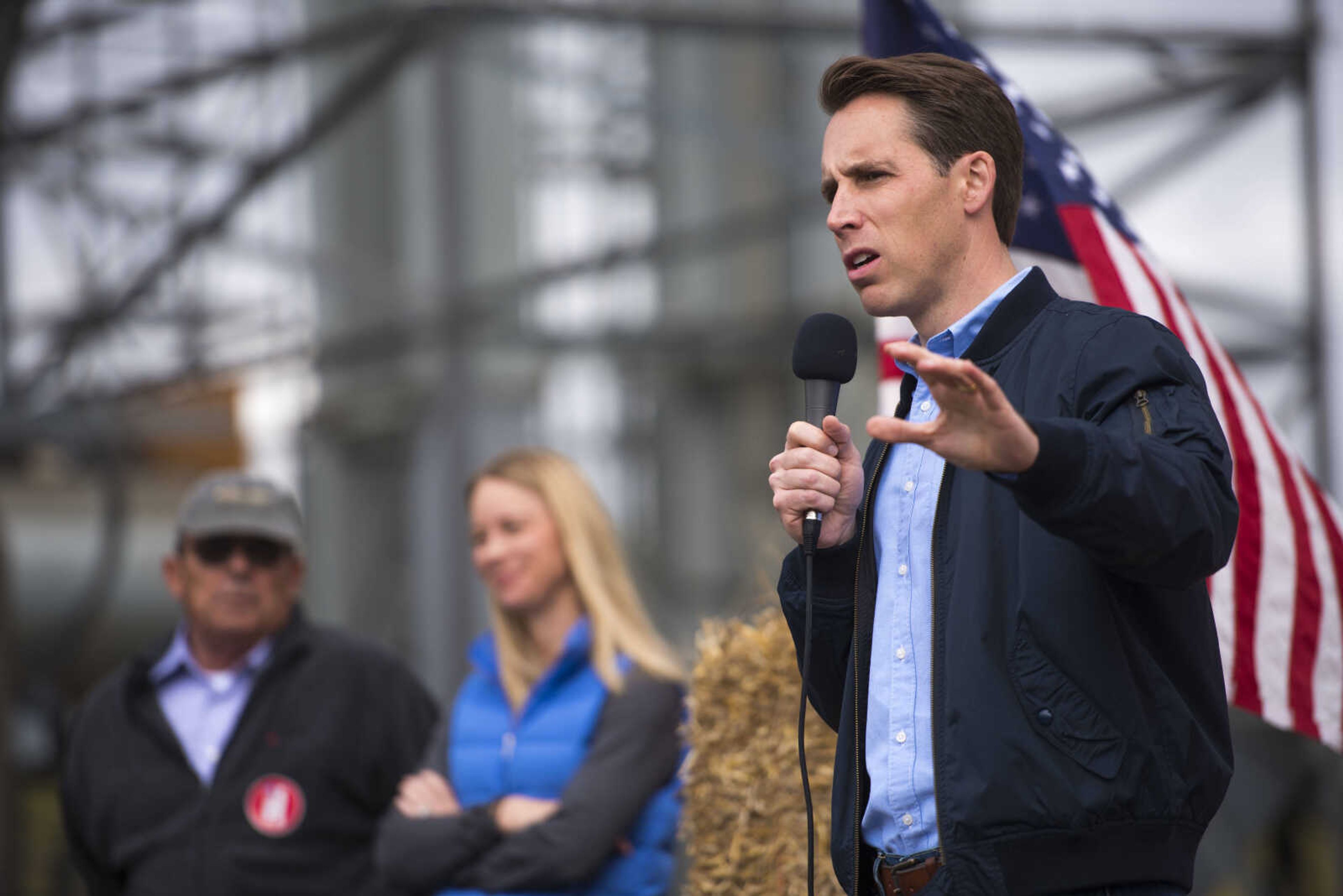 Missouri Republican candidate Josh Hawley speaks at a campaign rally Friday, Oct. 26, 2018, in Scott City.