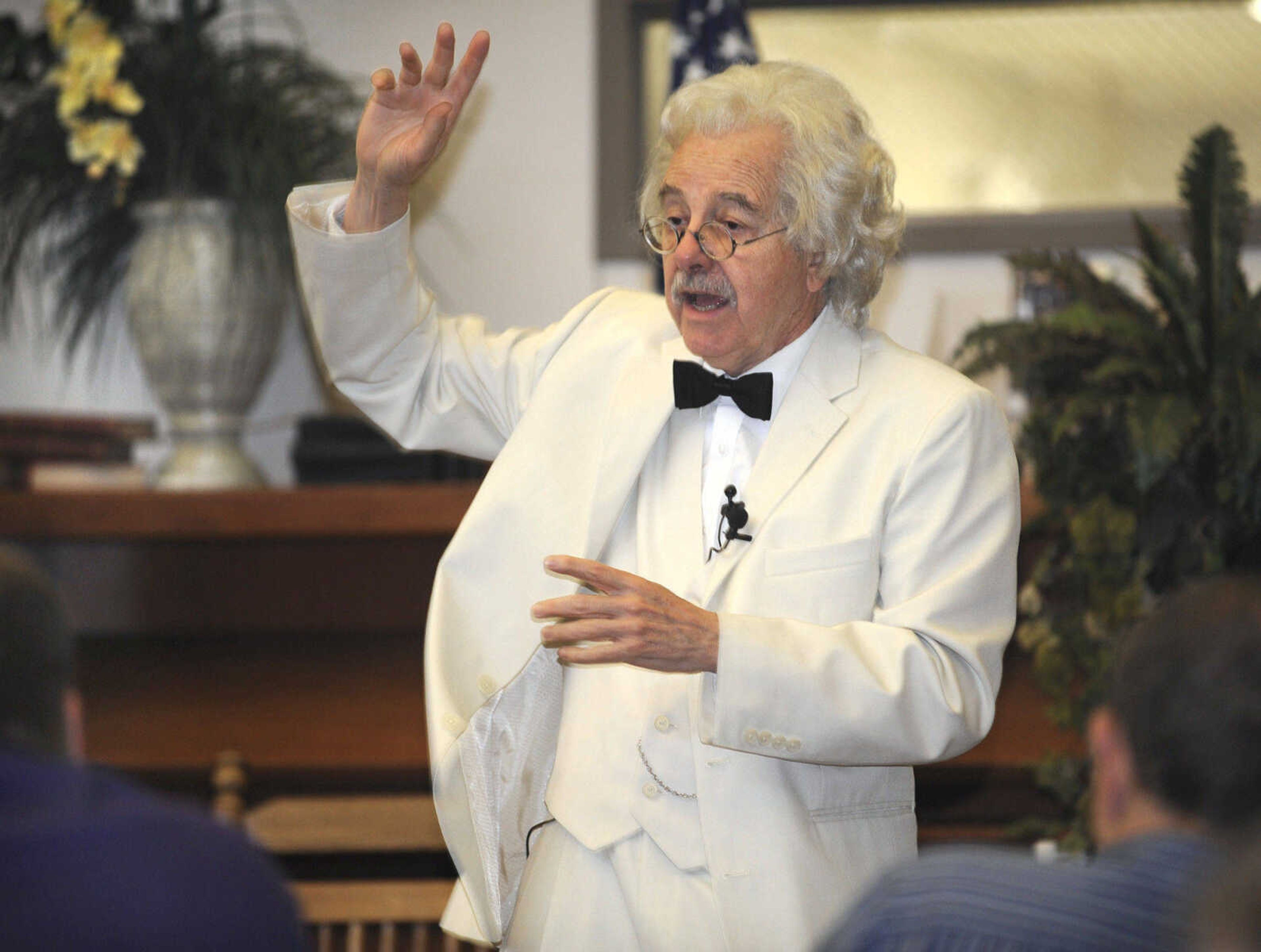 FRED LYNCH ~ flynch@semissourian.com
Mark Twain, portrayed by George Frein, talks about his life as a riverboat pilot during the Mark Twain Centennial event Tuesday, April 13, 2010, at Central High School.