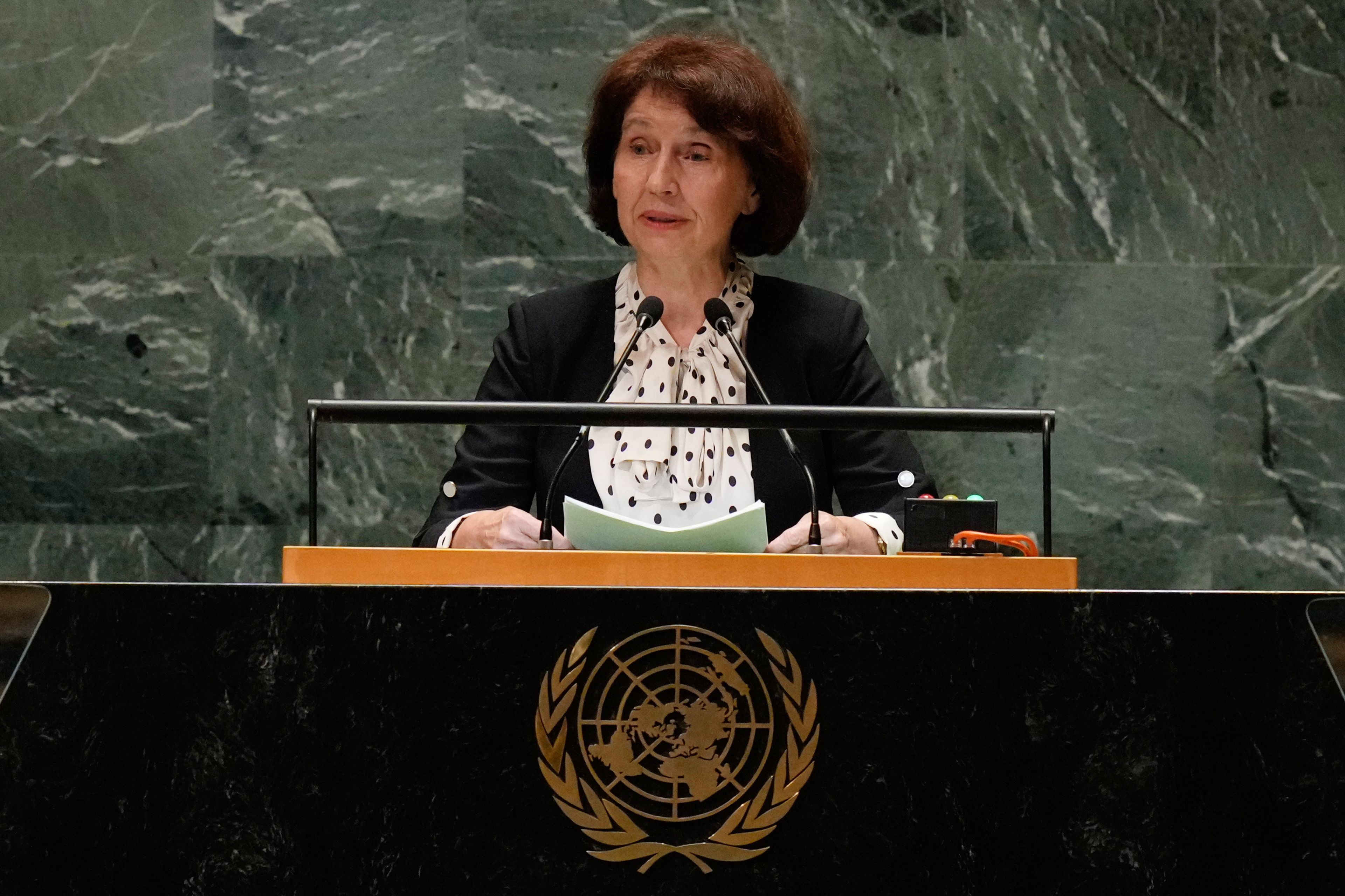 Gordana Siljanovska Davkova, President of North Macedonia, addresses the 79th session of the United Nations General Assembly, Thursday, Sept. 26, 2024, at U.N. headquarters. (AP Photo/Frank Franklin II)