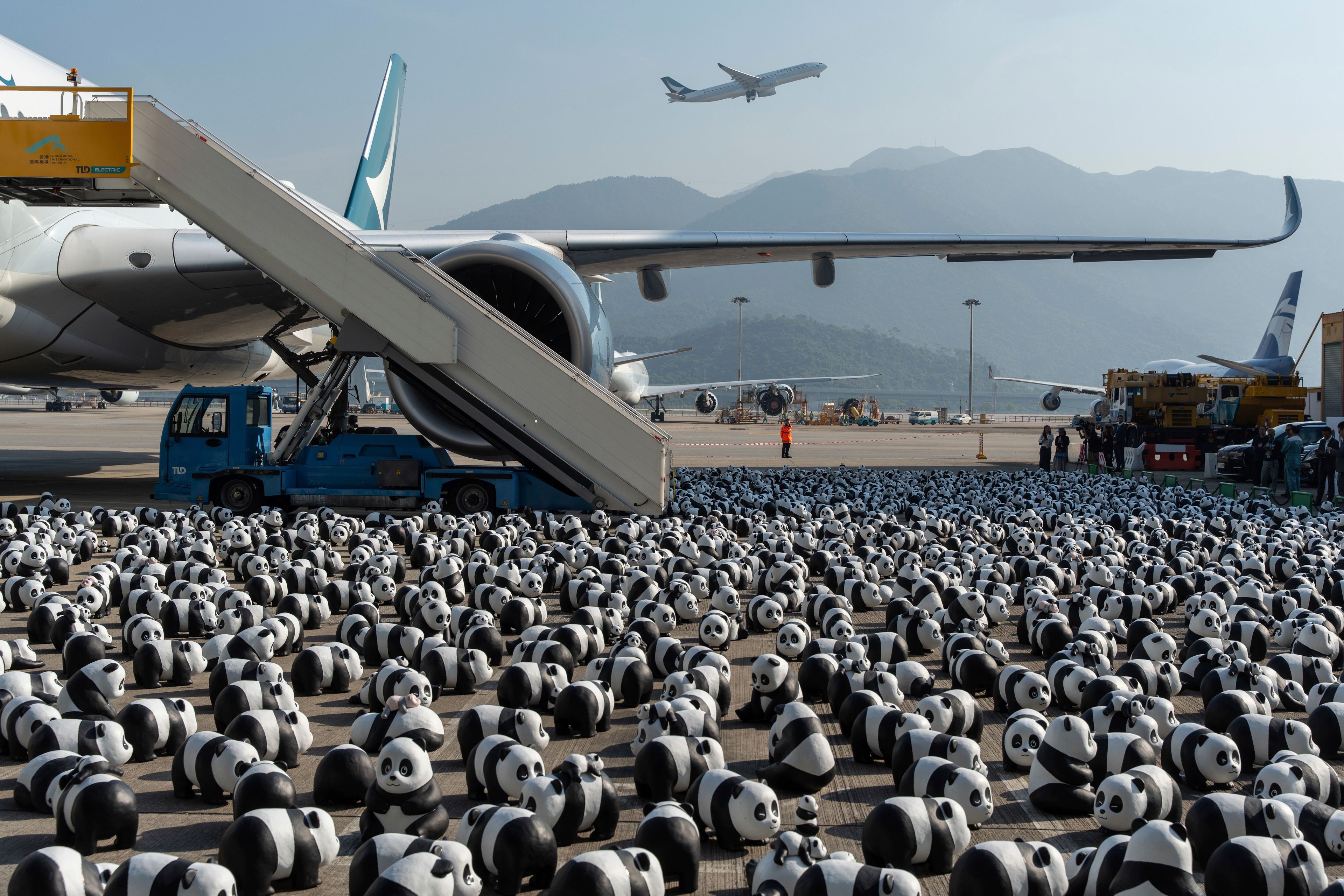 Part of 2500 panda sculptures are displayed at the Hong Kong International Airport during a welcome ceremony of the panda-themed exhibition "Panda Go!" in Hong Kong, Monday, Dec. 2, 2024. (AP Photo/Chan Long Hei)