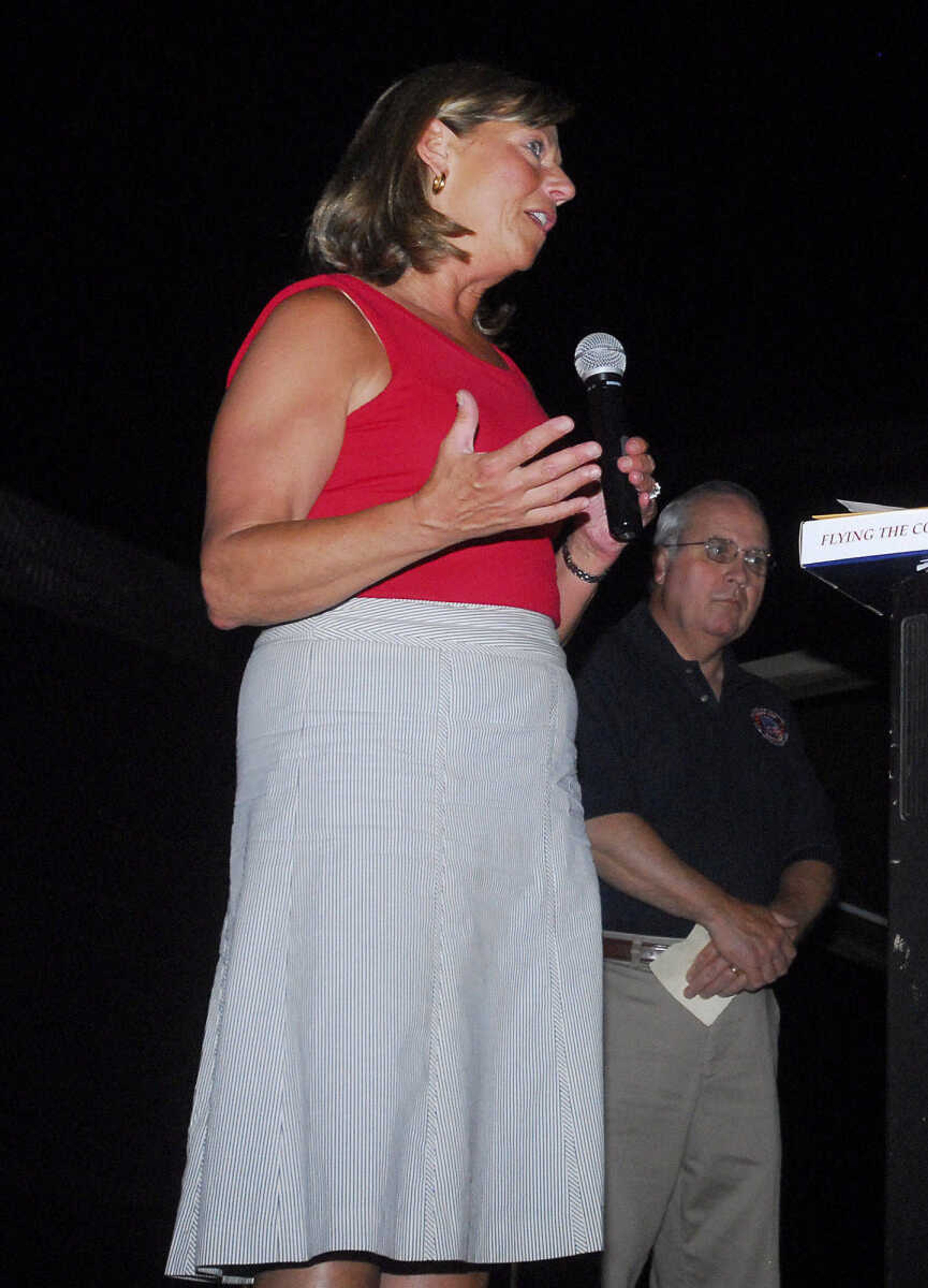 LAURA SIMON~lsimon@semissourian.com
Rep. Jo Ann Emerson introduces Rob Callahan as this year's Spirit of America Award winner during the U.S.A. Veterans Fourth of July celebration at Arena Park in Cape Girardeau Sunday, July 4, 2010.