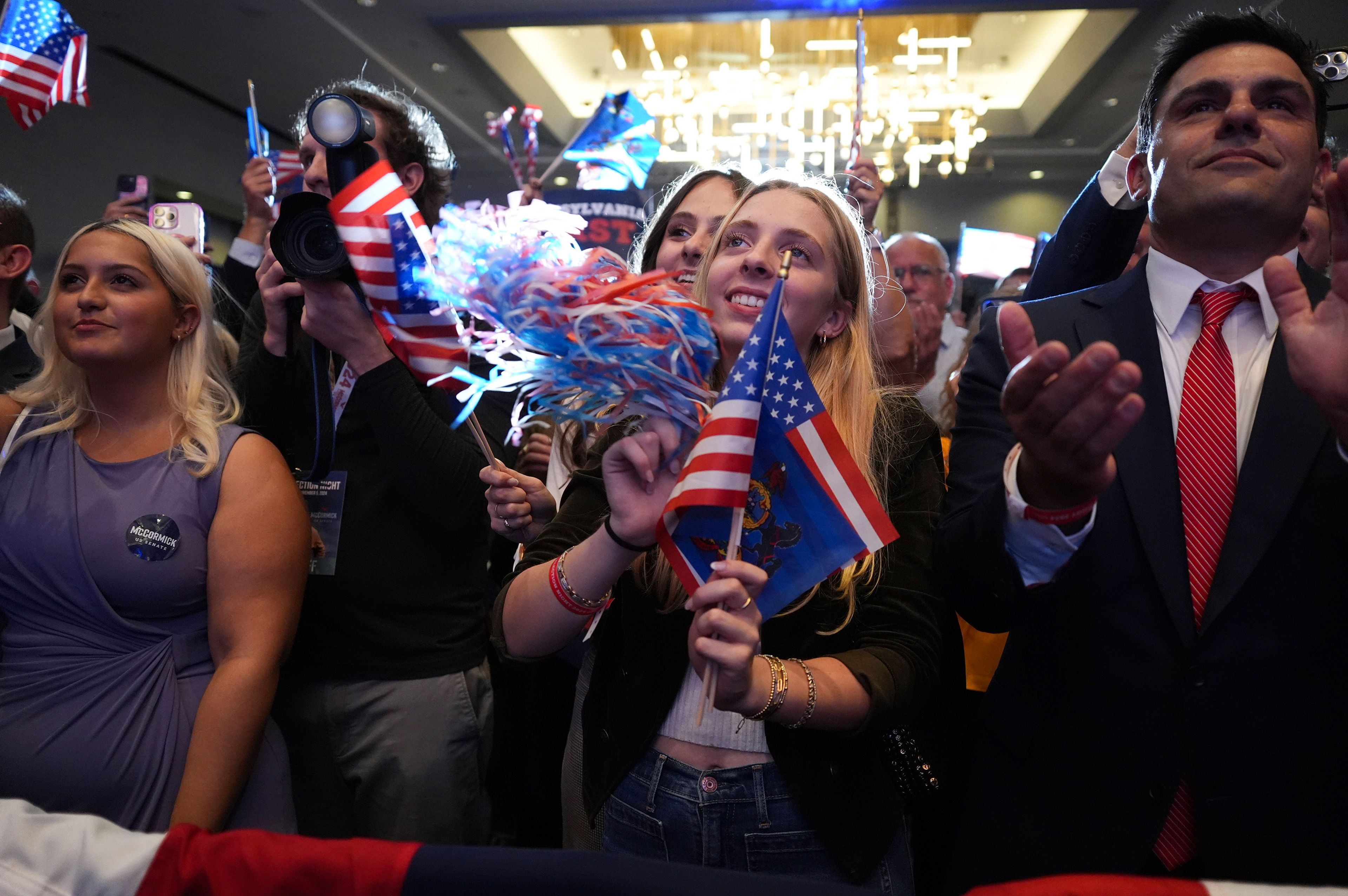 Supporters cheer as Republican Pennsylvania Senate candidate David McCormick speaks during an election night watch party, Wednesday, Nov. 6, 2024, in Pittsburgh. (AP Photo/Gene J. Puskar)