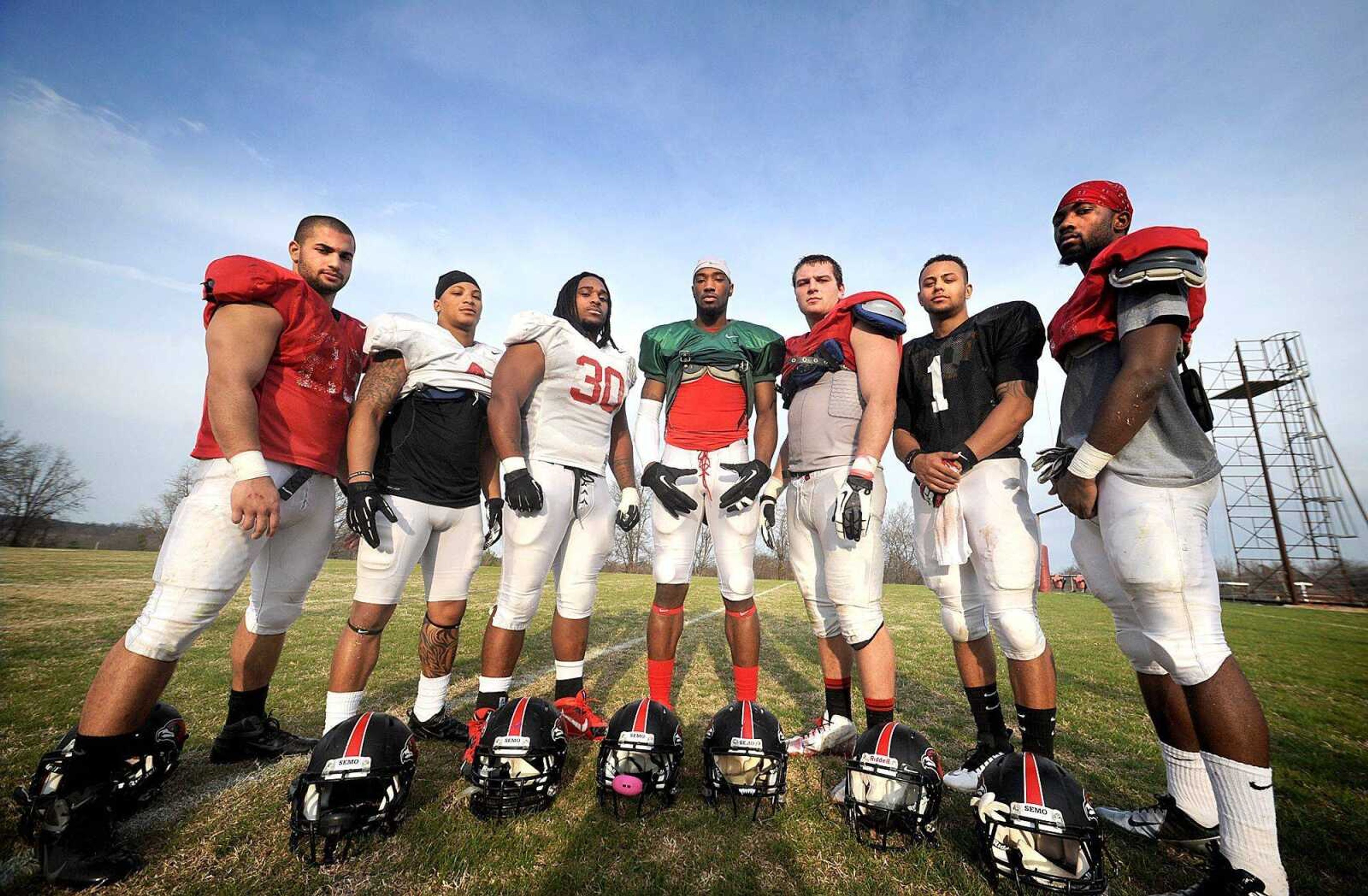 Members of the Southeast Missouri State football team&#8217;s leadership council are, from left, Matt Starks, Spencer Davis, Ron Coleman, Paul McRoberts, Roper Garrett, Blake Jackson and Reggie Jennings. Leadership council member not pictured is Wisler Ymonice. (Laura Simon)