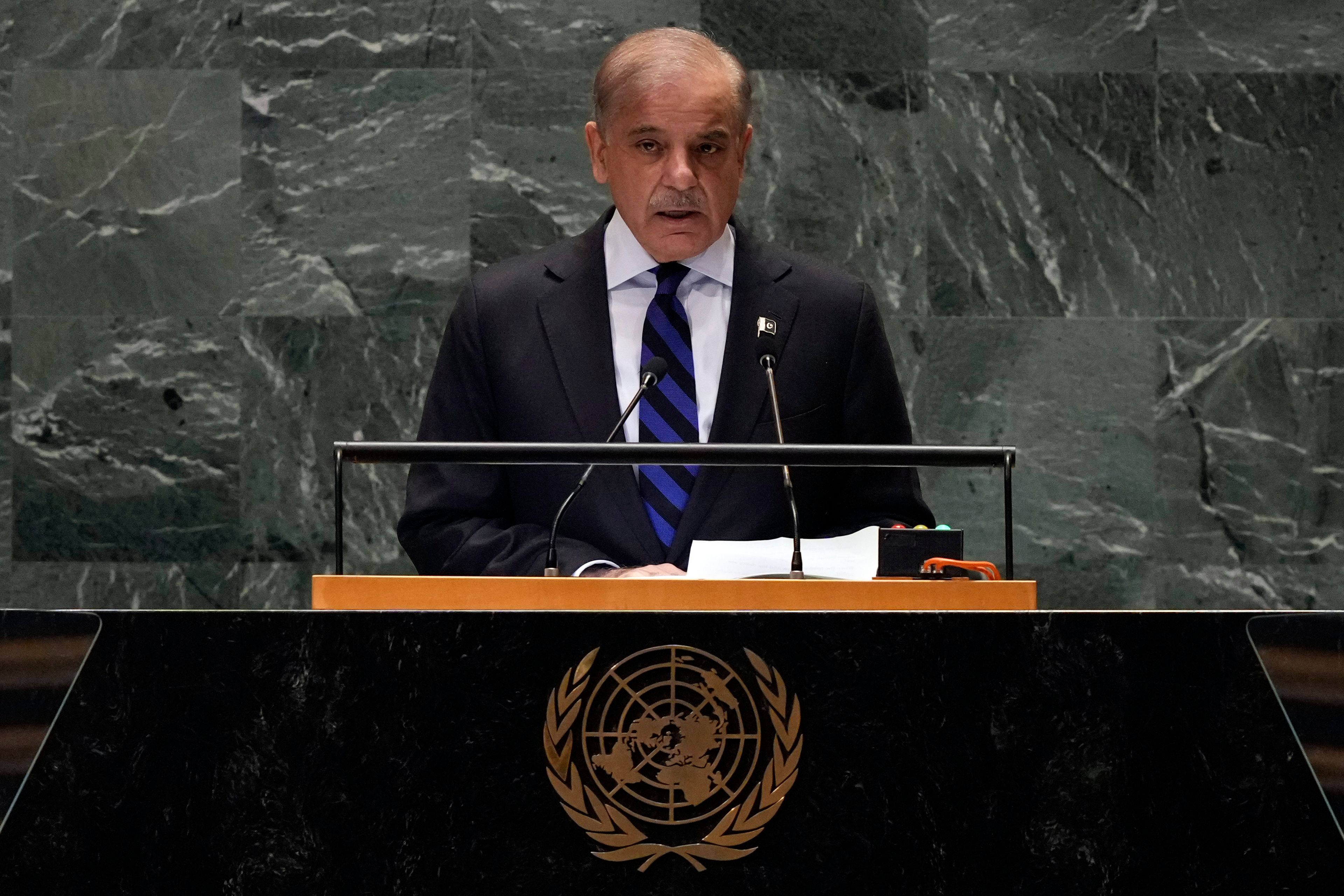 Pakistan Prime Minister Muhammad Shehbaz Sharif addresses the 79th session of the United Nations General Assembly, Friday, Sept. 27, 2024. (AP Photo/Richard Drew)