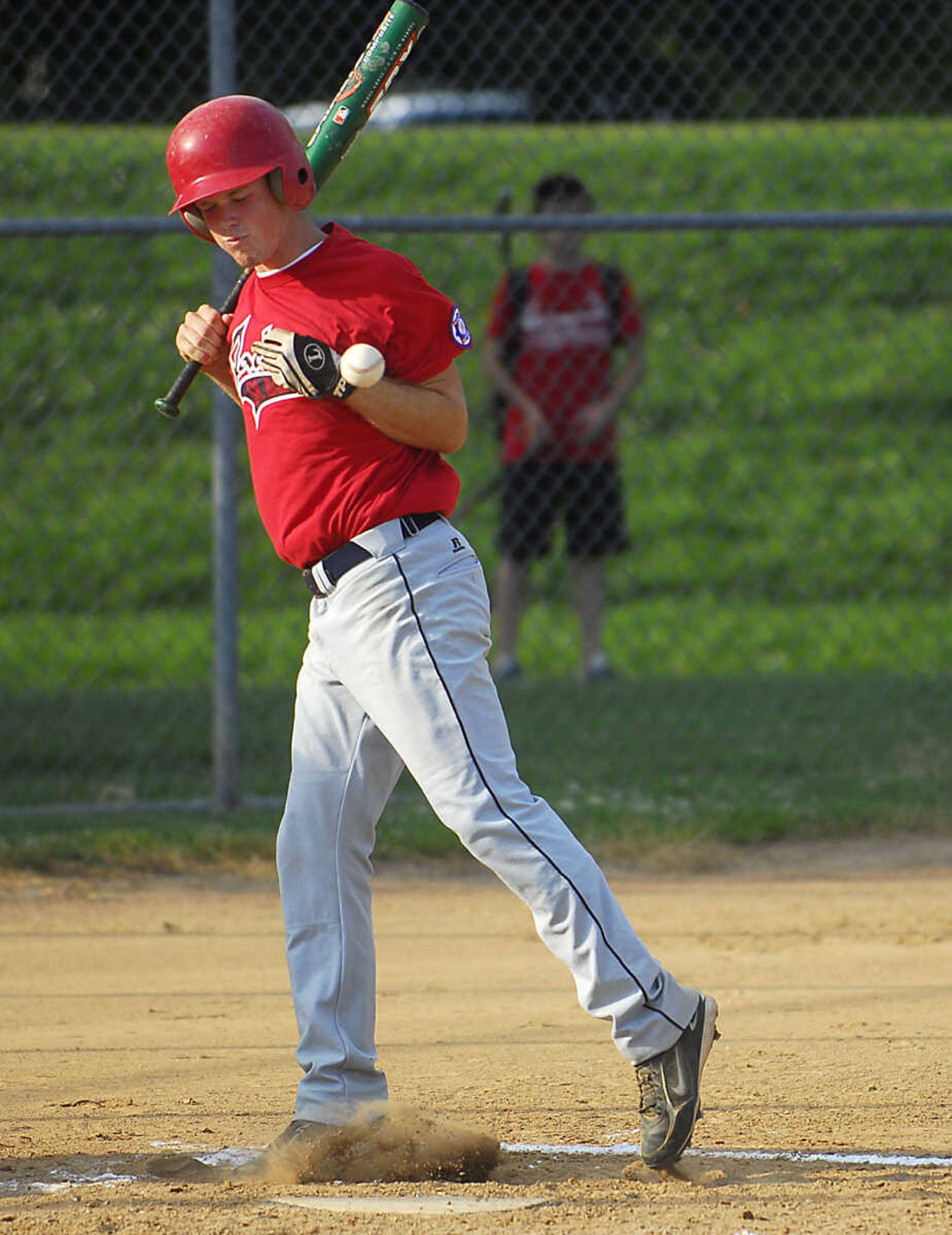 KIT DOYLE ~ kdoyle@semissourian.com
Jackson batter Garrett Fritsche gets hit by a pitch Monday evening, July 6, 2009, in a Senior Babe Ruth game at Jackson City Park.