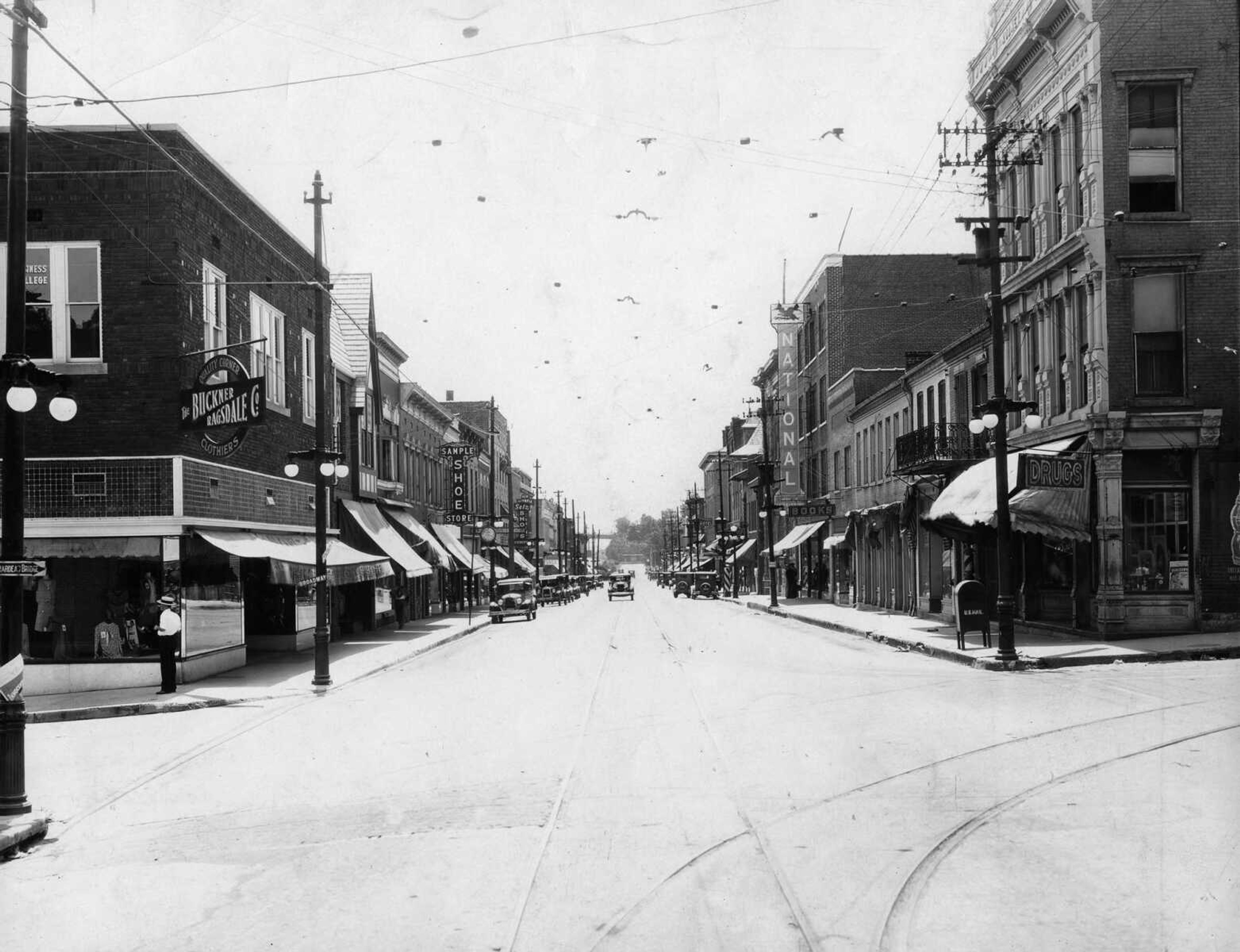 By 1929, when this photo was made, horse-drawn buggies had been replaced by automobiles on Main Street. The photo was made at the corner of Main and Broadway, looking south. (Published Oct. 3, 1929, Missourian's 25th anniversary edition)