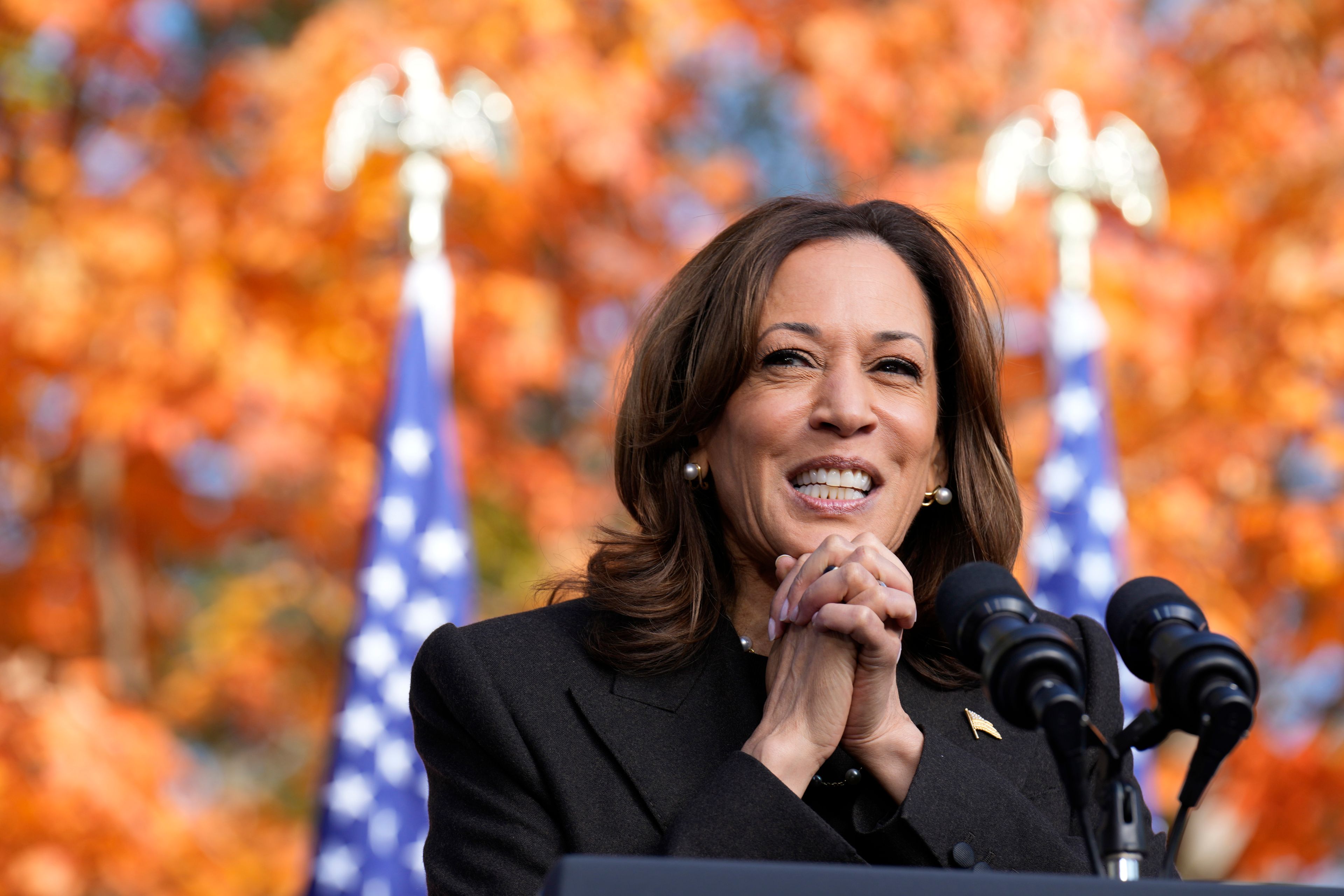 Democratic presidential nominee Vice President Kamala Harris speaks during a campaign event at Riverside Park in Grand Rapids, Mich., Friday, Oct. 18, 2024. (AP Photo/Jacquelyn Martin)