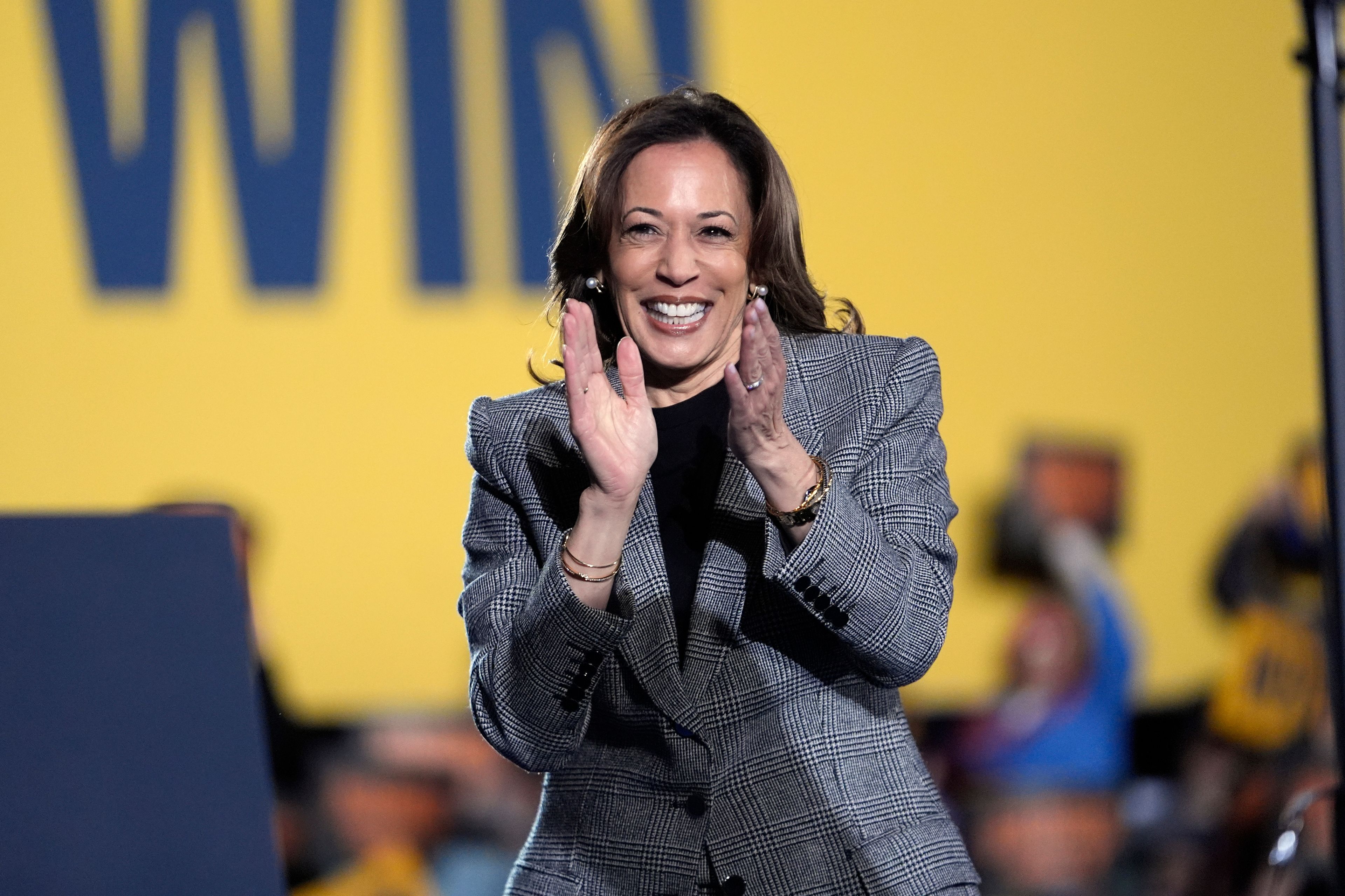 Democratic presidential nominee Vice President Kamala Harris arrives to speak at a campaign event in Burns Park Monday, Oct. 28, 2024, in Ann Arbor, Mich. (AP Photo/Paul Sancya)