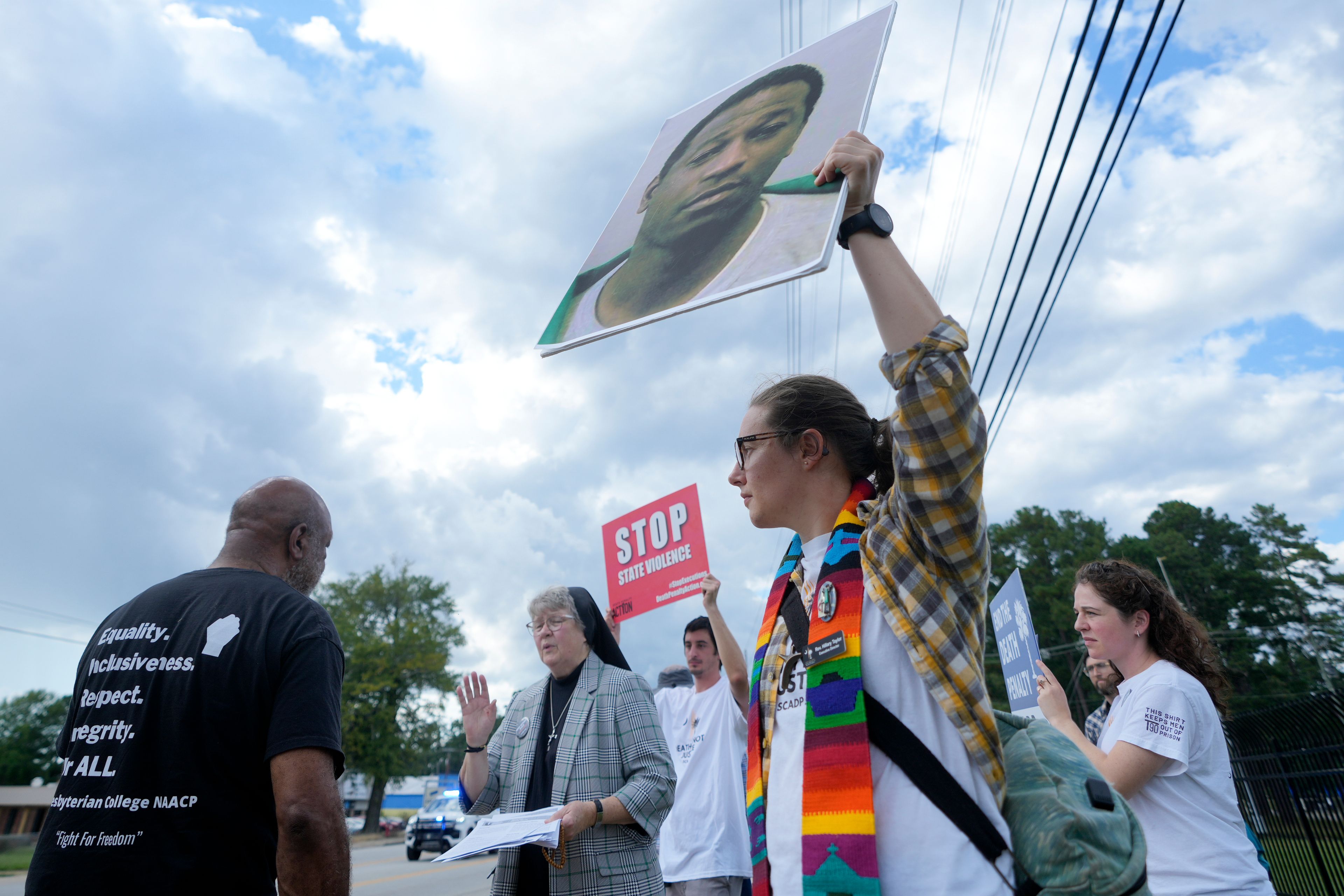 Rev. Hillary Taylor protests the planned execution of Freddie Eugene Owens, 46, on Friday, Sept. 20, 2024, in Columbia, S.C. Owens is set to be the first person to be executed in South Carolina in 13 years. (AP Photo/Chris Carlson)