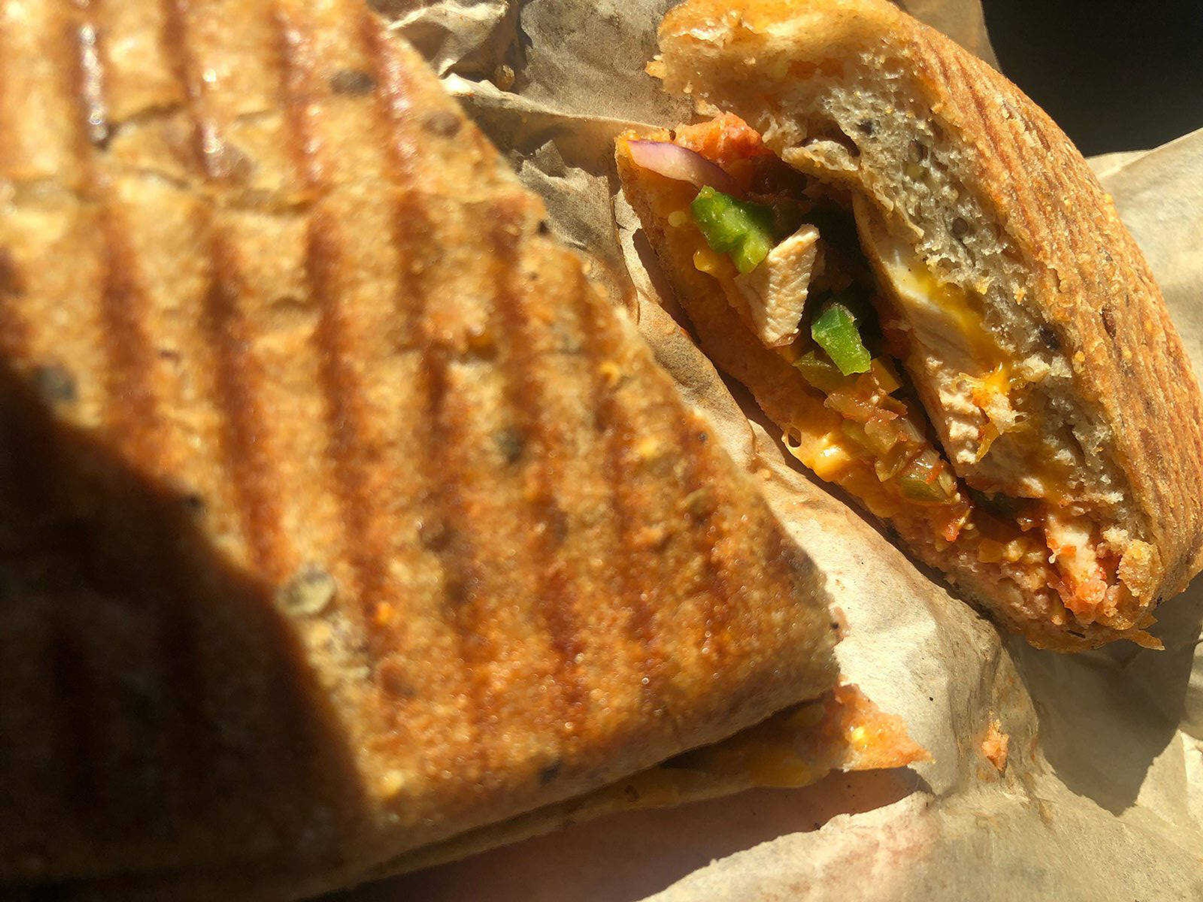 Spicy chicken panini at Fresh Healthy Cafe.