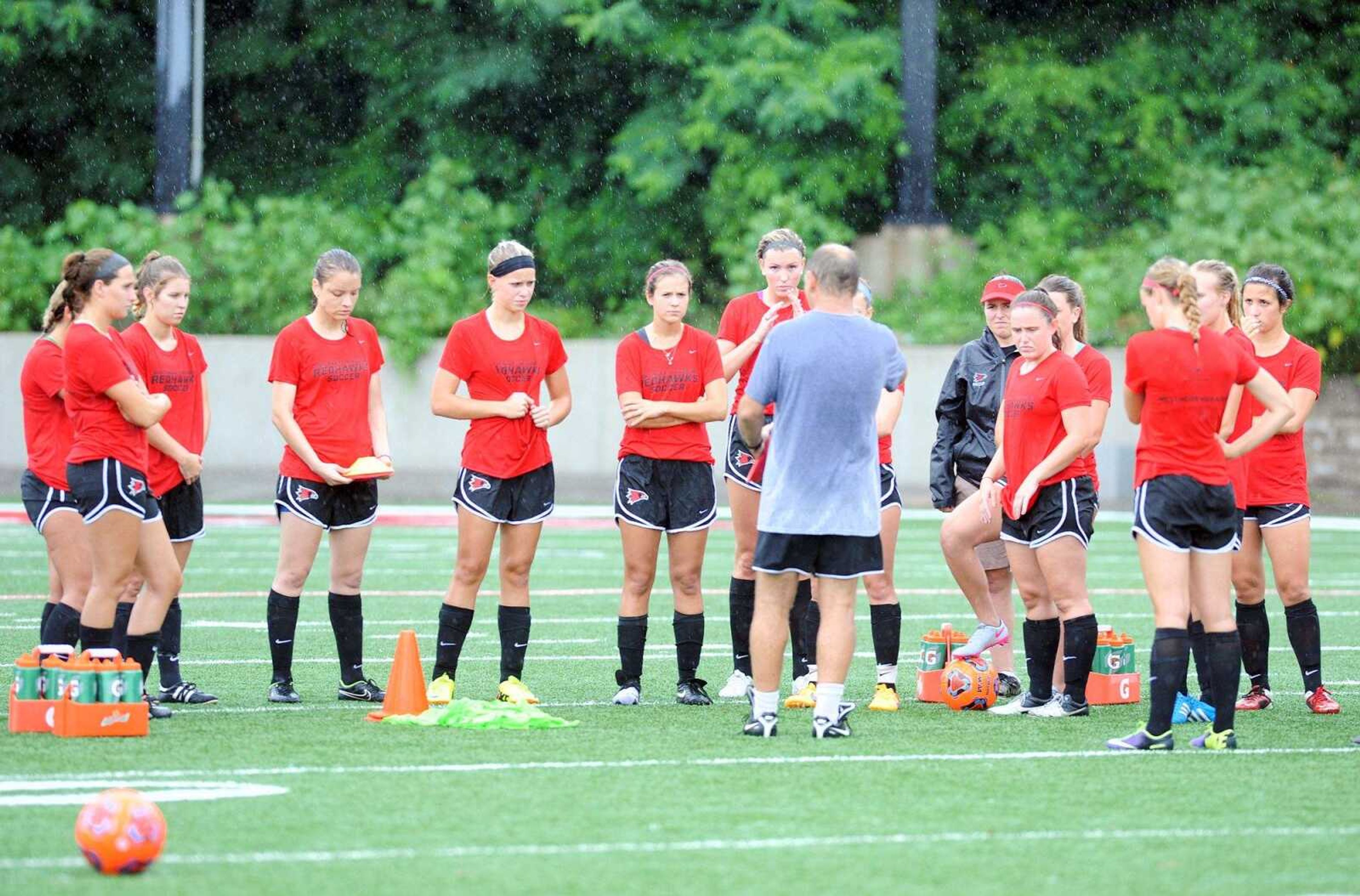 Southeast Missouri State soccer players practice, Wednesday, Aug. 5, 2015, at Houck Stadium in Cape Girardeau. (Laura Simon)