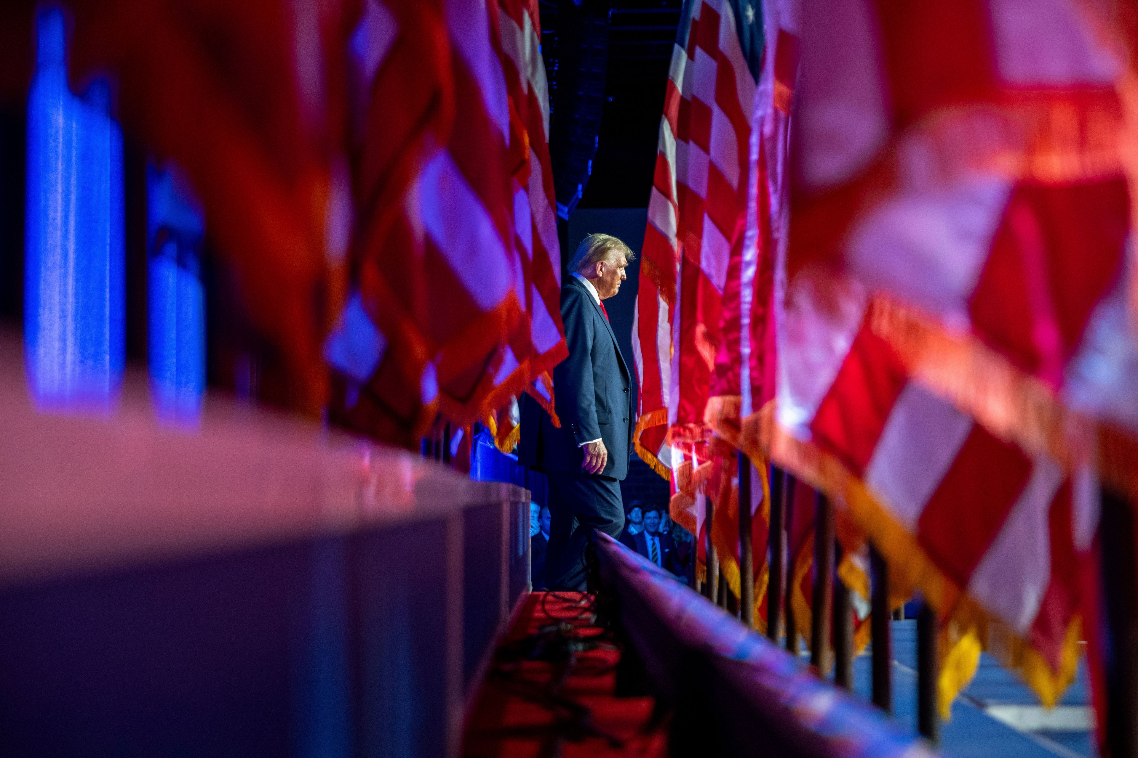 Republican presidential nominee former President Donald Trump arrives at an election night watch party at the Palm Beach Convention Center, Wednesday, Nov. 6, 2024, in West Palm Beach, Fla. (AP Photo/Julia Demaree Nikhinson)